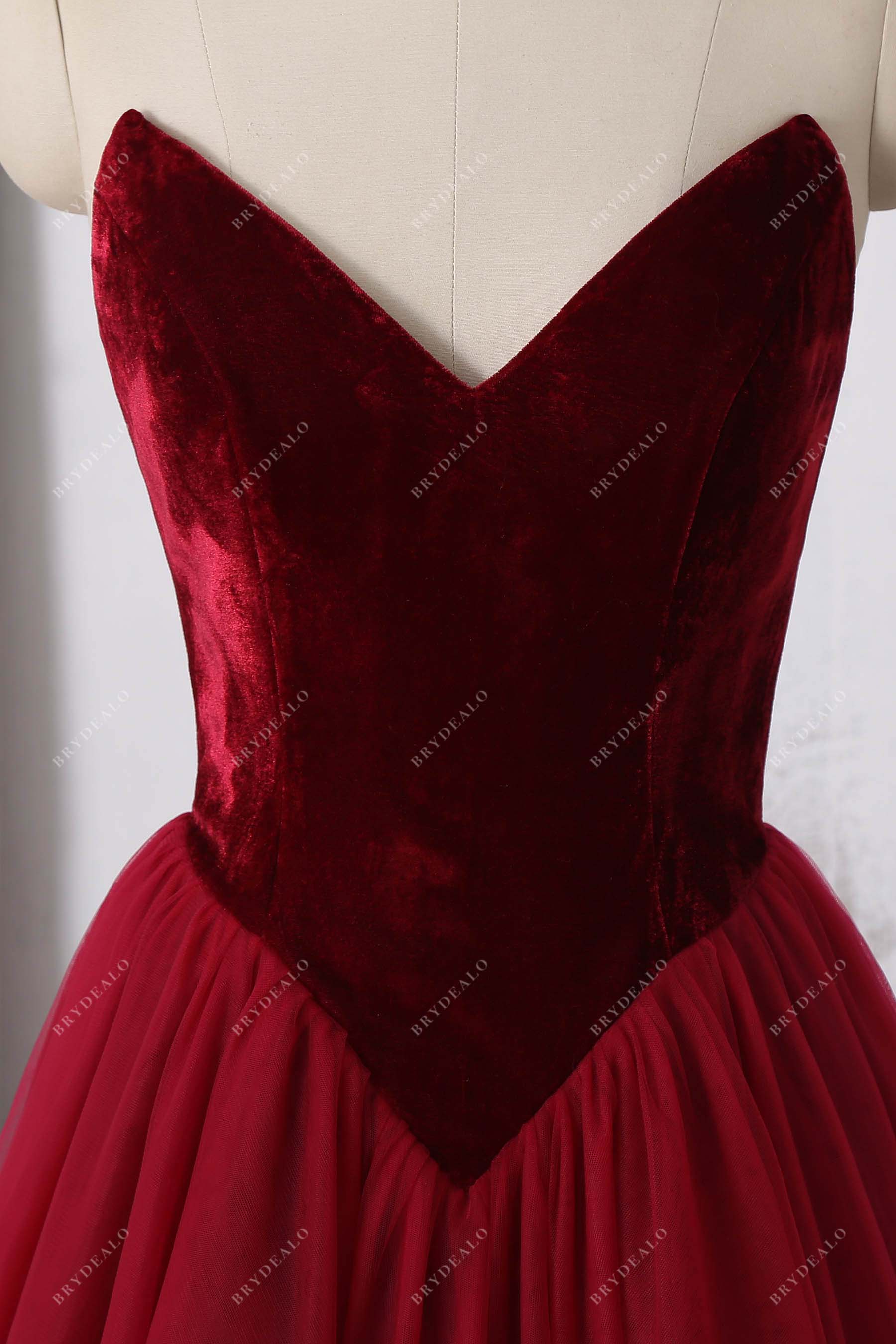 V-neck burgundy velvet prom dress