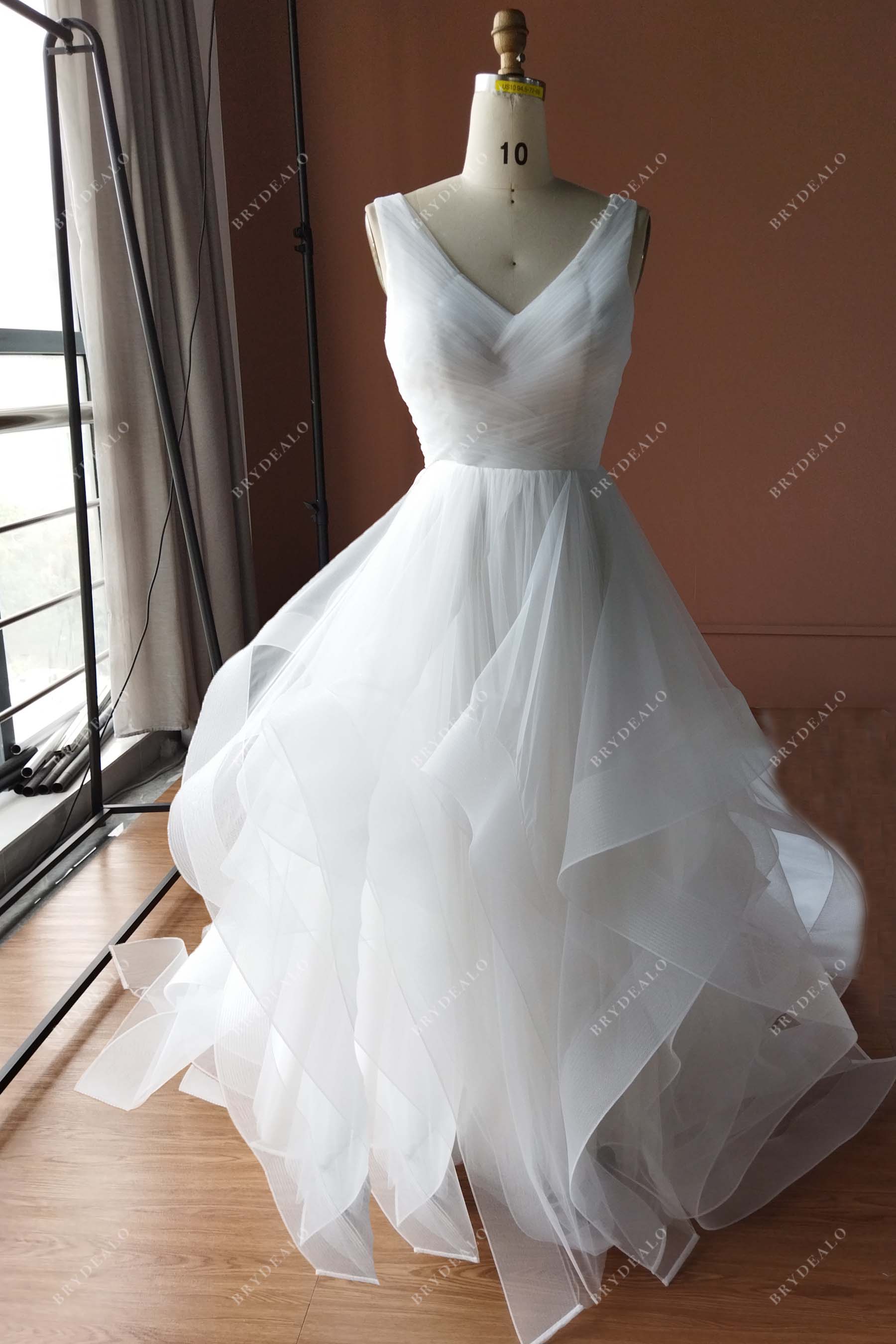 v-neck pleated ruffled A-line wedding dress