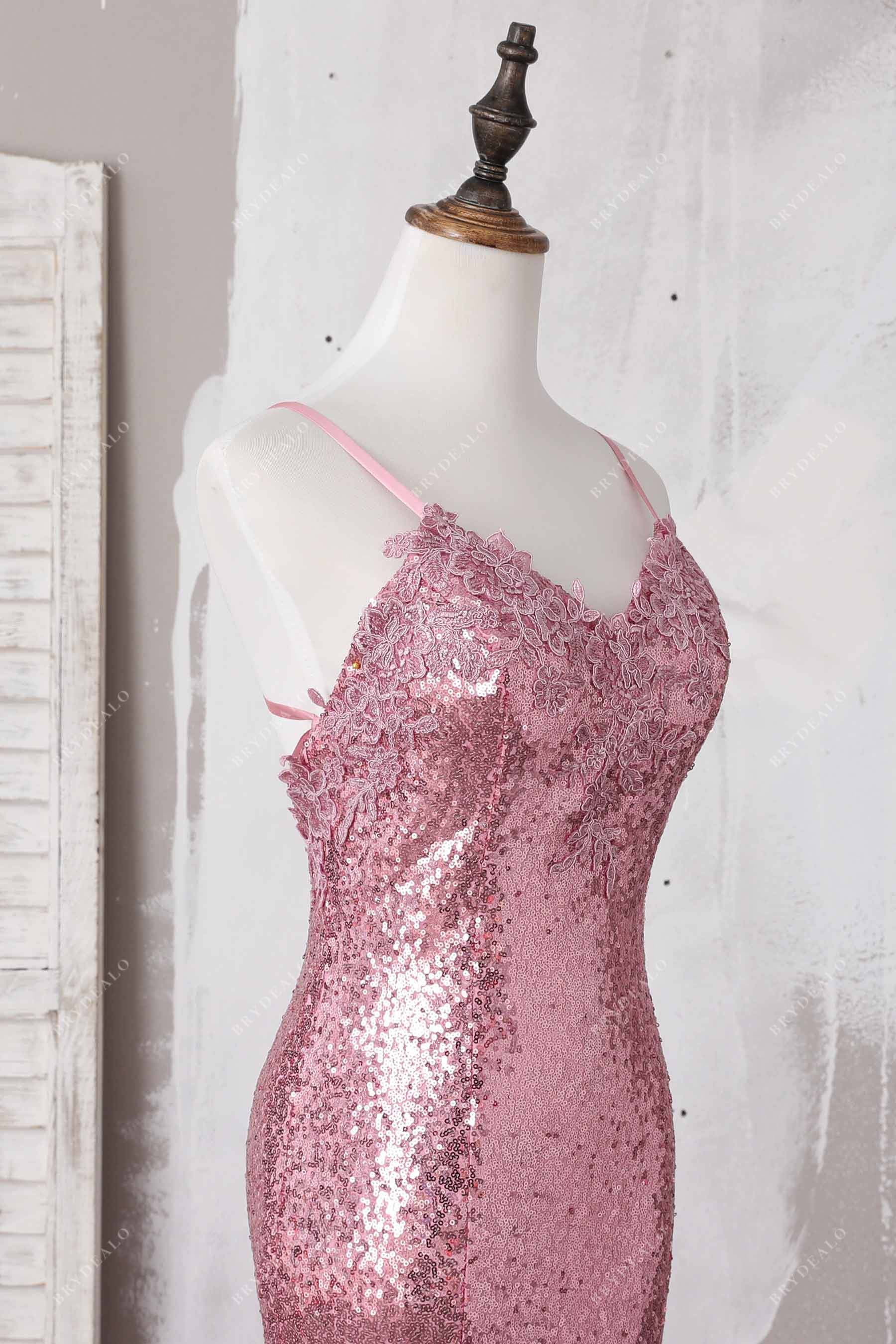 V-neck spaghetti straps pink prom dress