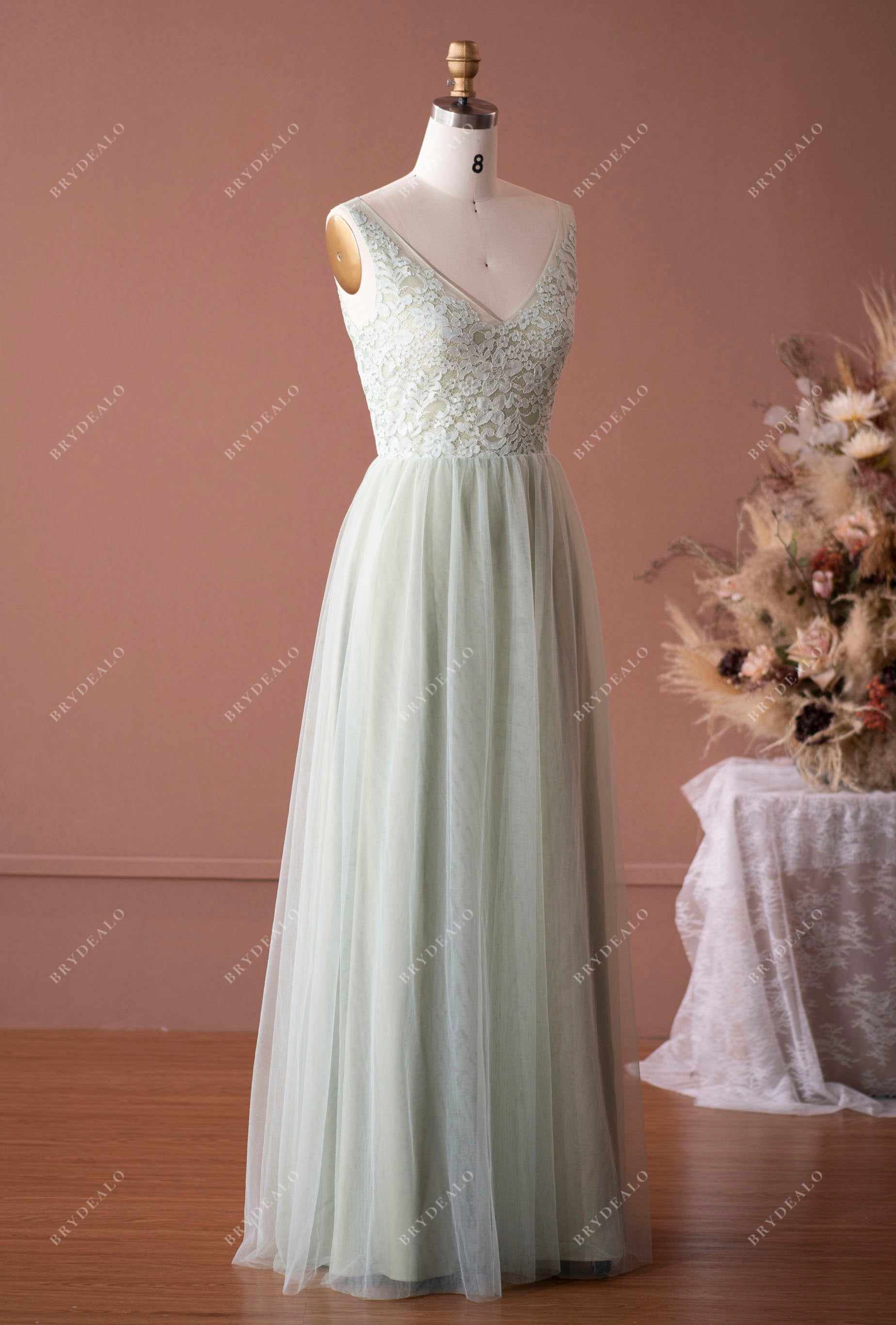 Sage Green Straps V-neck Lace Tulle Bridesmaid Dress