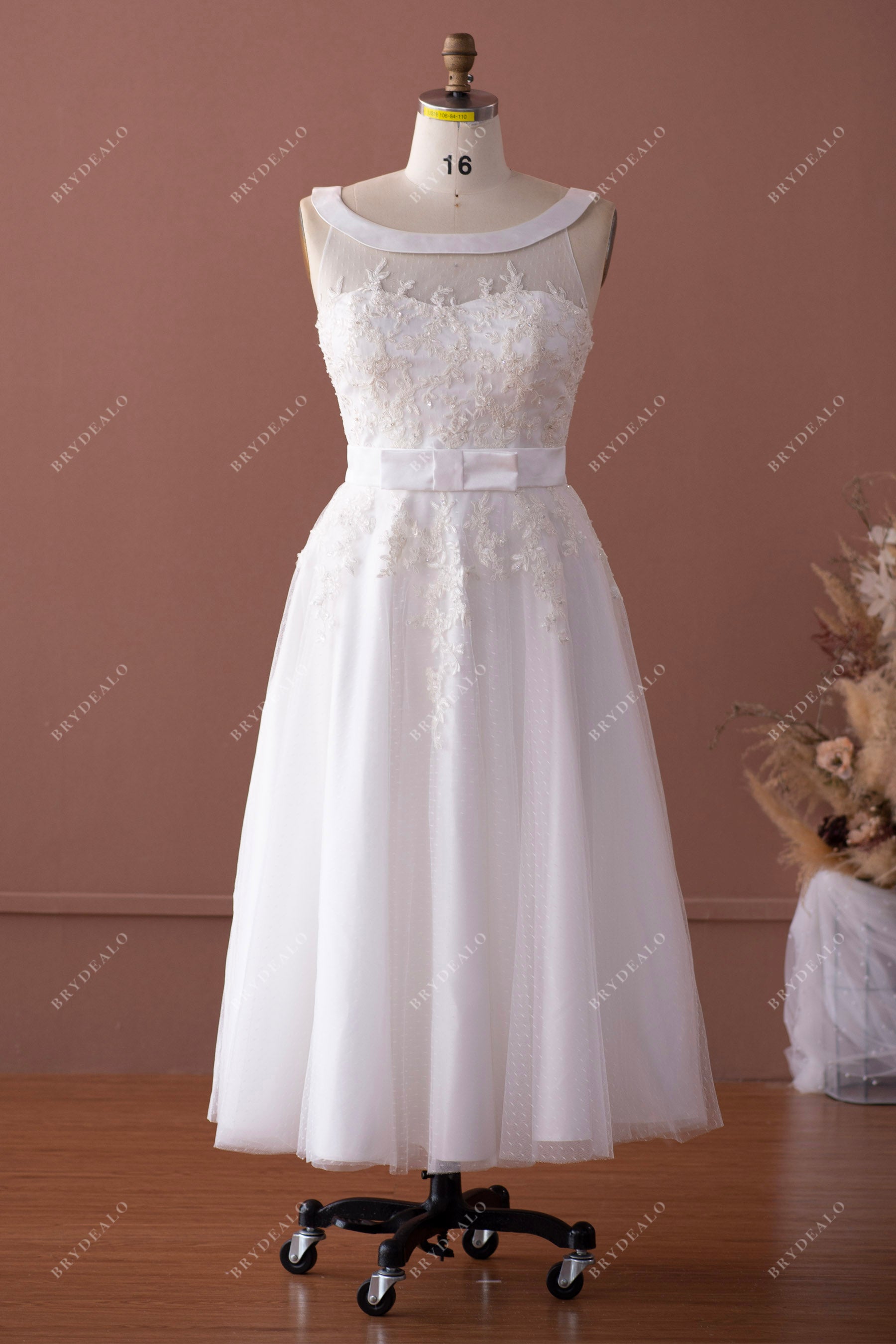 vintage beaded lace tea length bridal gown