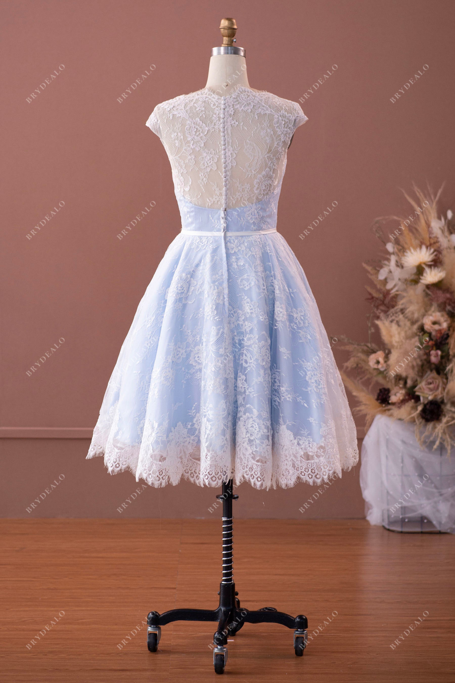 Vintage Lace Sky Blue Cap Sleeve Illusion Back Tea Length Wedding Dress