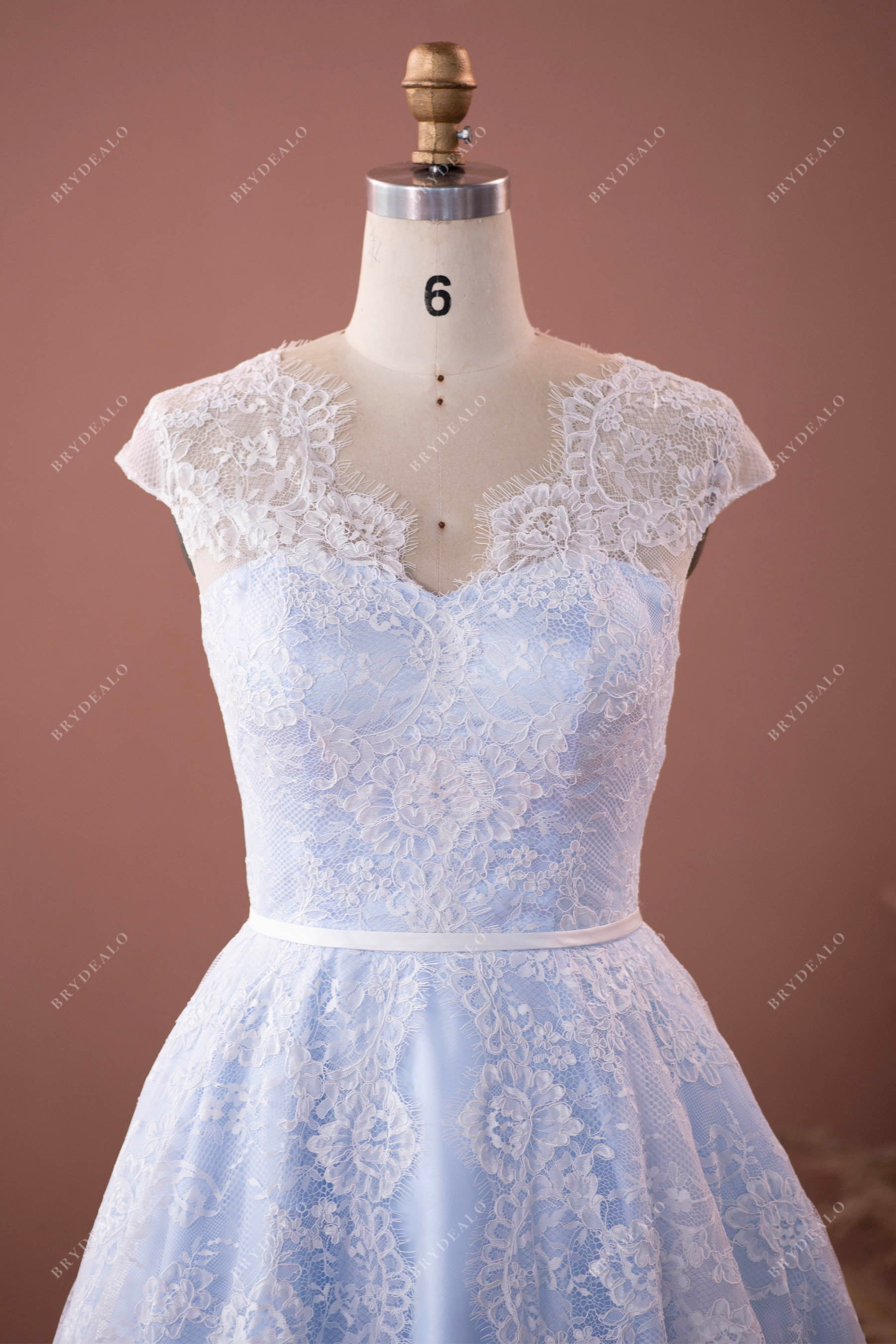 vintage cap sleeve v-neck lace tea-length wedding dress