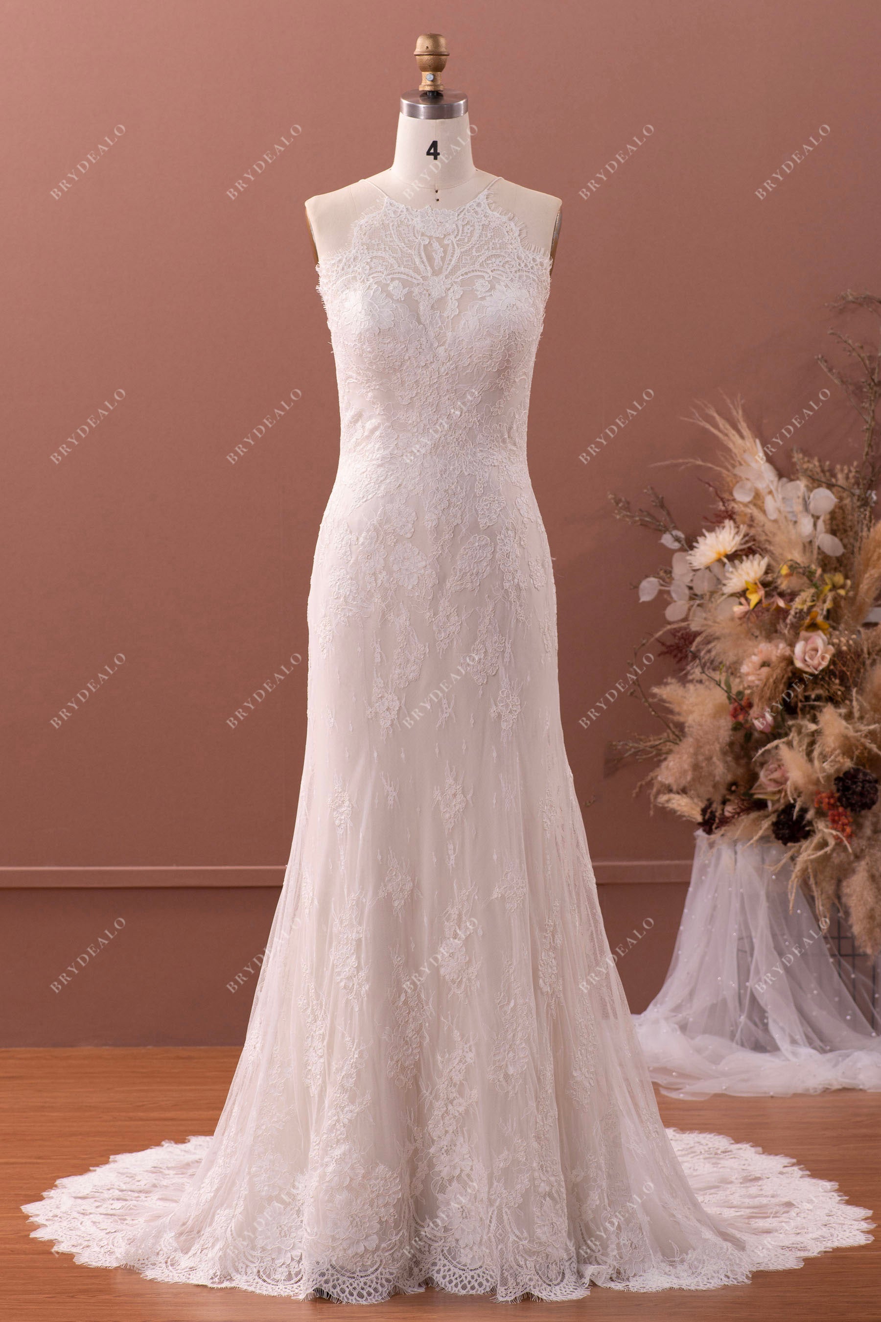 vintage halter lace mermaid wedding gown