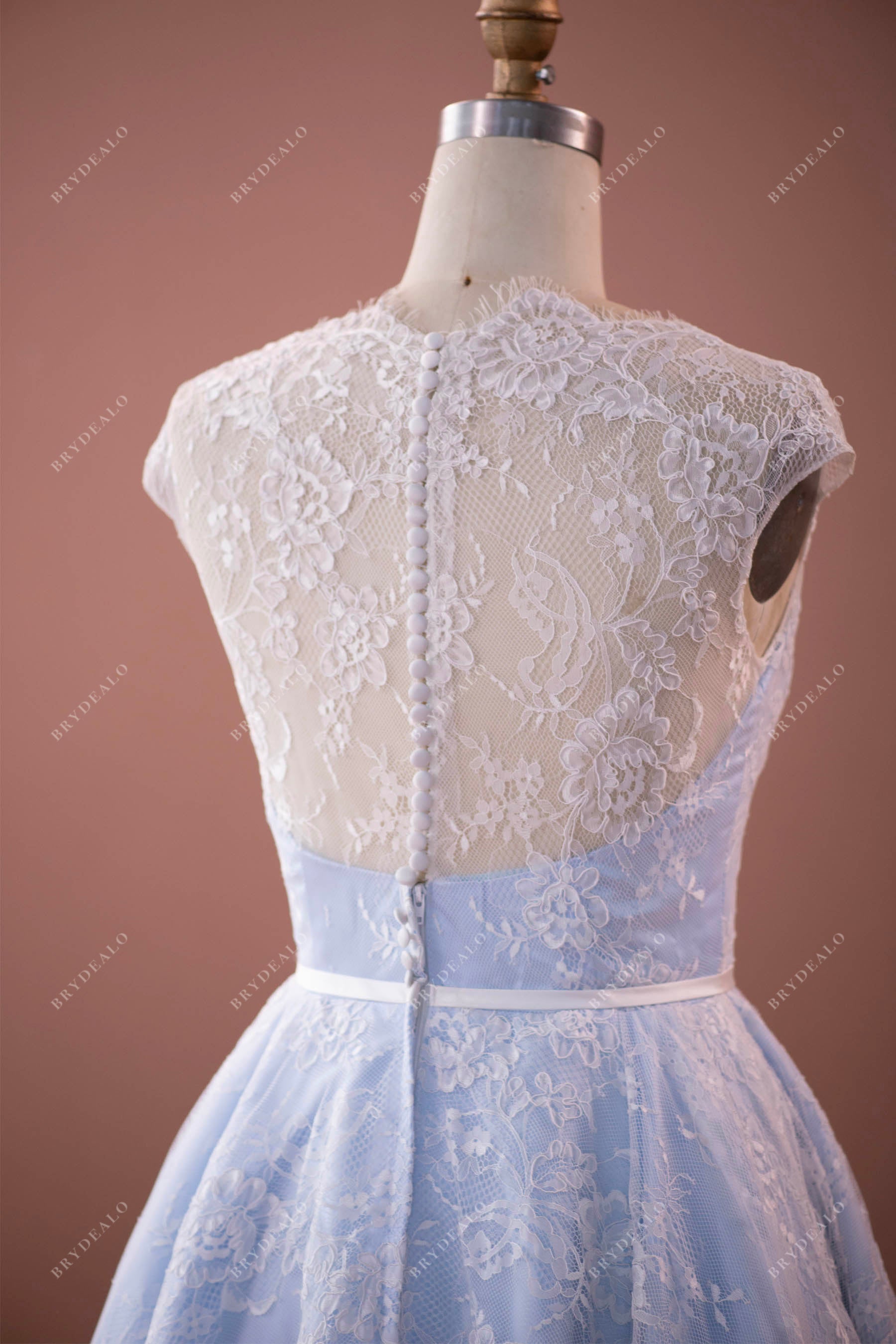 vintage illusion back lace tea length wedding dress sample