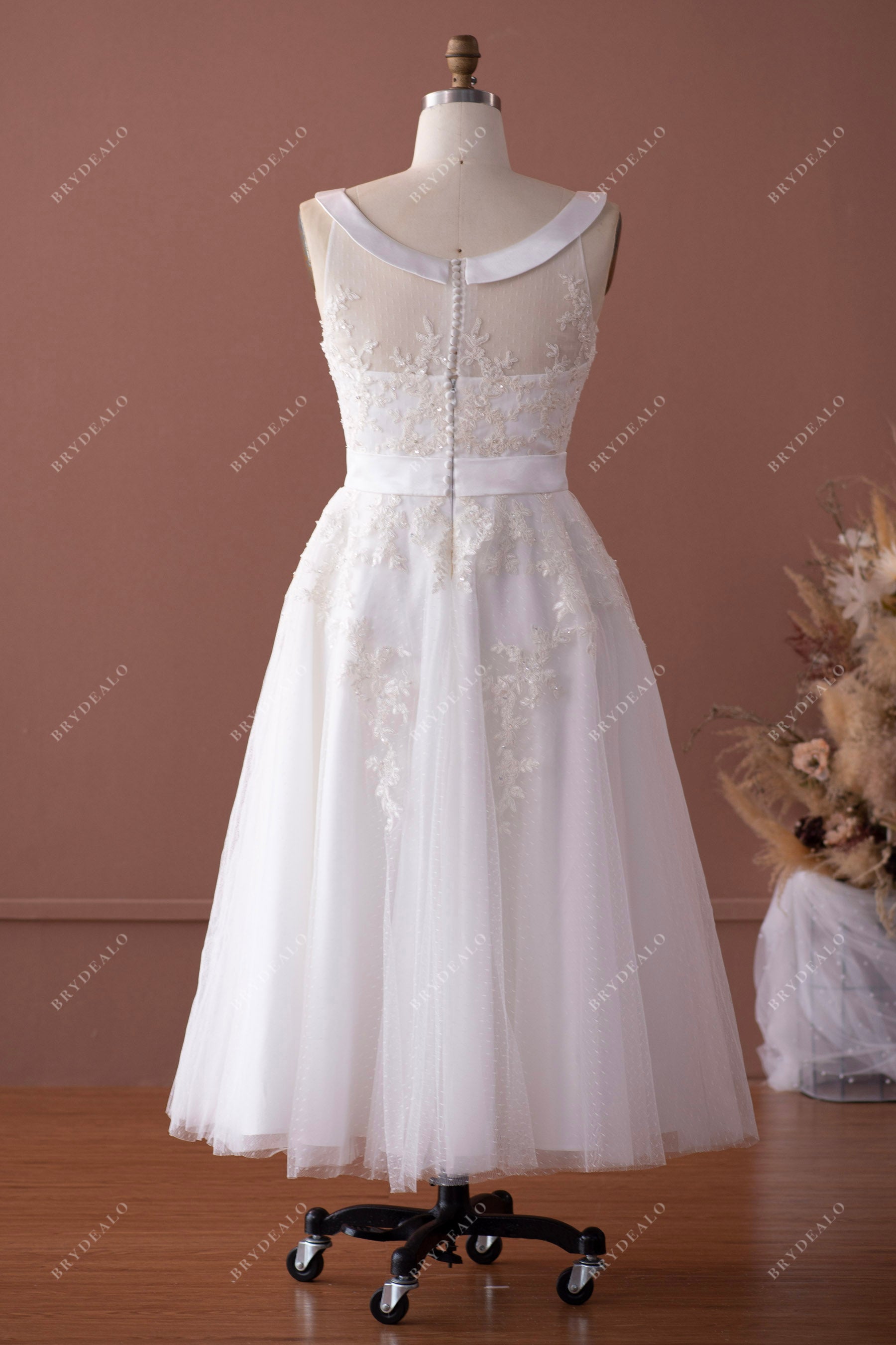 vintage tea length beaded lace wedding dress