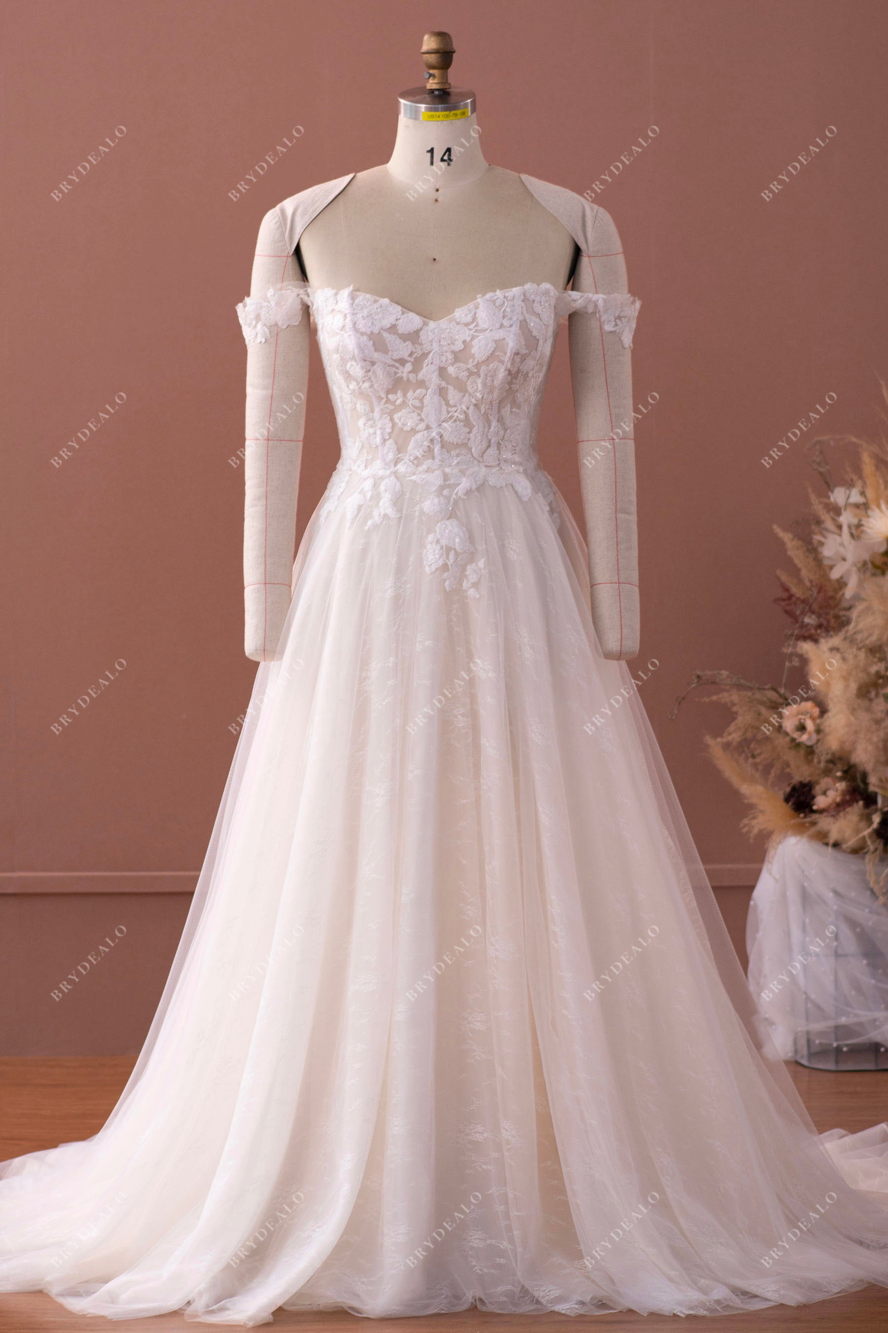Light Champagne Boned Bodice Lace A-line Wedding Dress