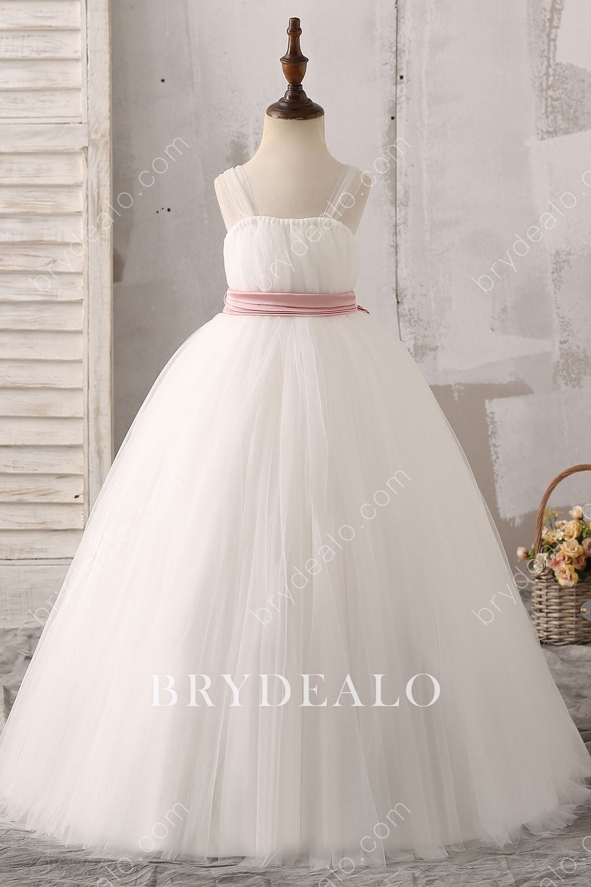 Soft Tulle Flower Girl Ball Gown with Pink Bow