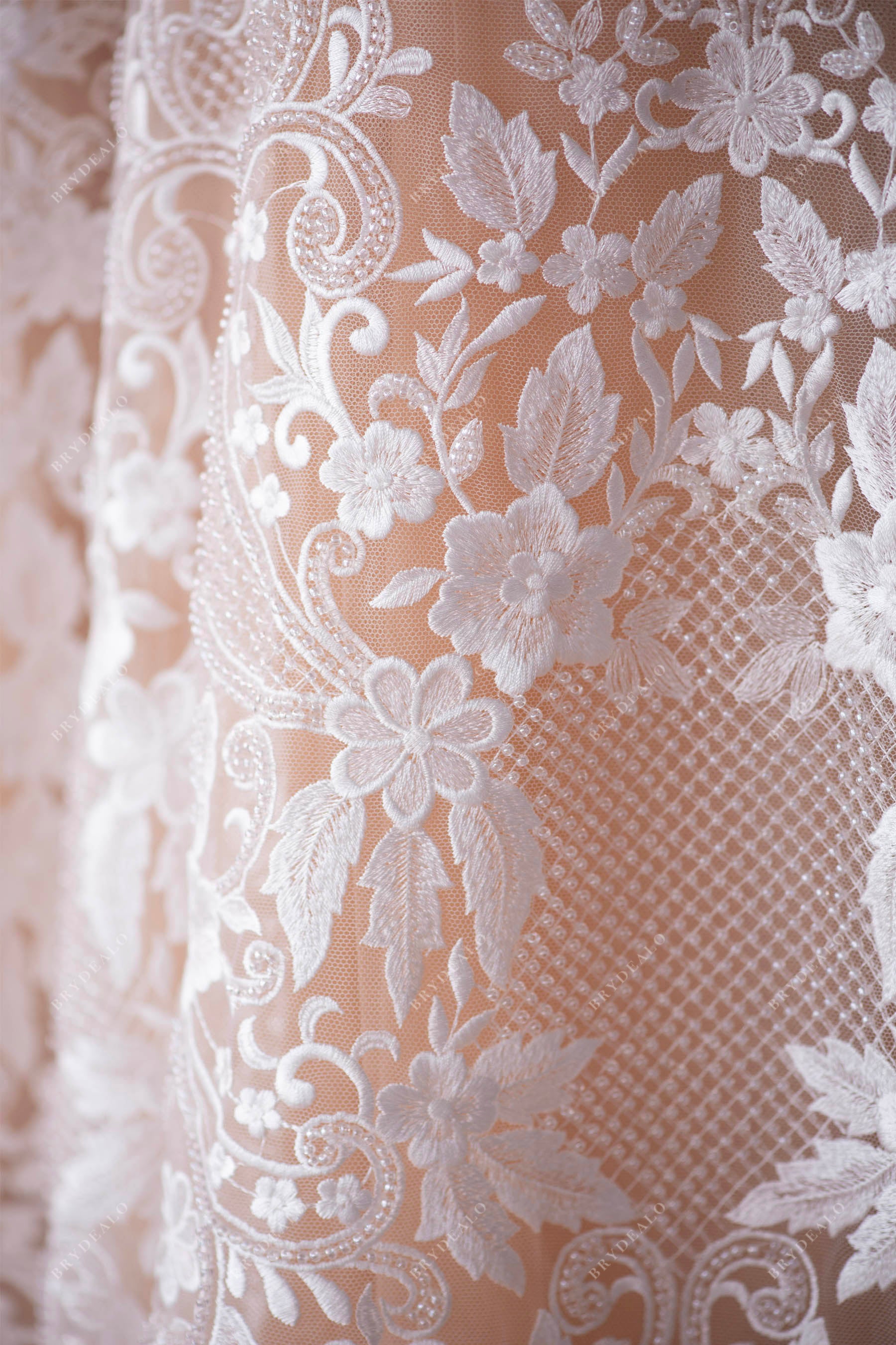 Exquisite Beaded Floral Bridal Lace Fabric for Wholesale