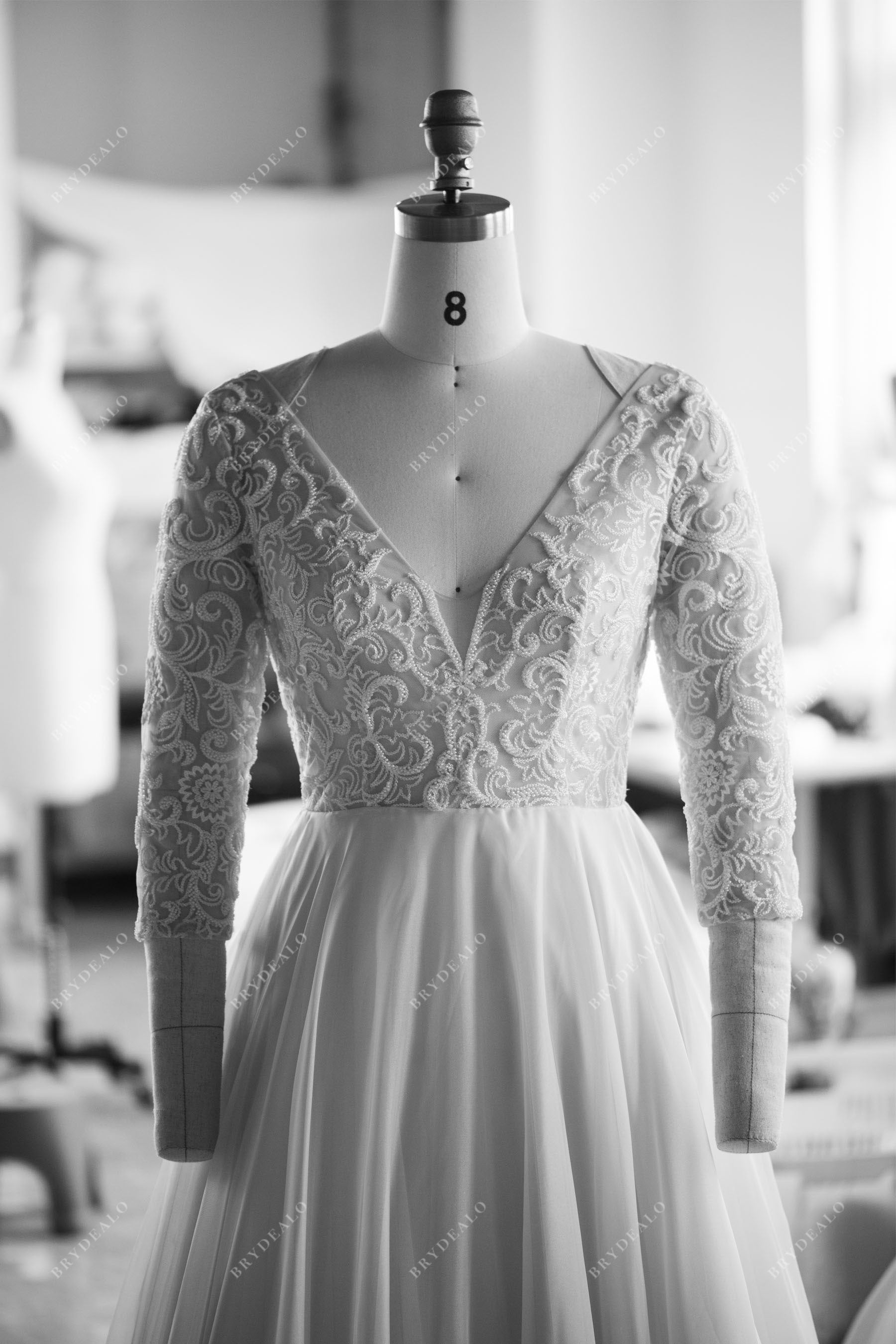 Light Champagne Tulle With Illusion Lace Long Sleeves Wedding