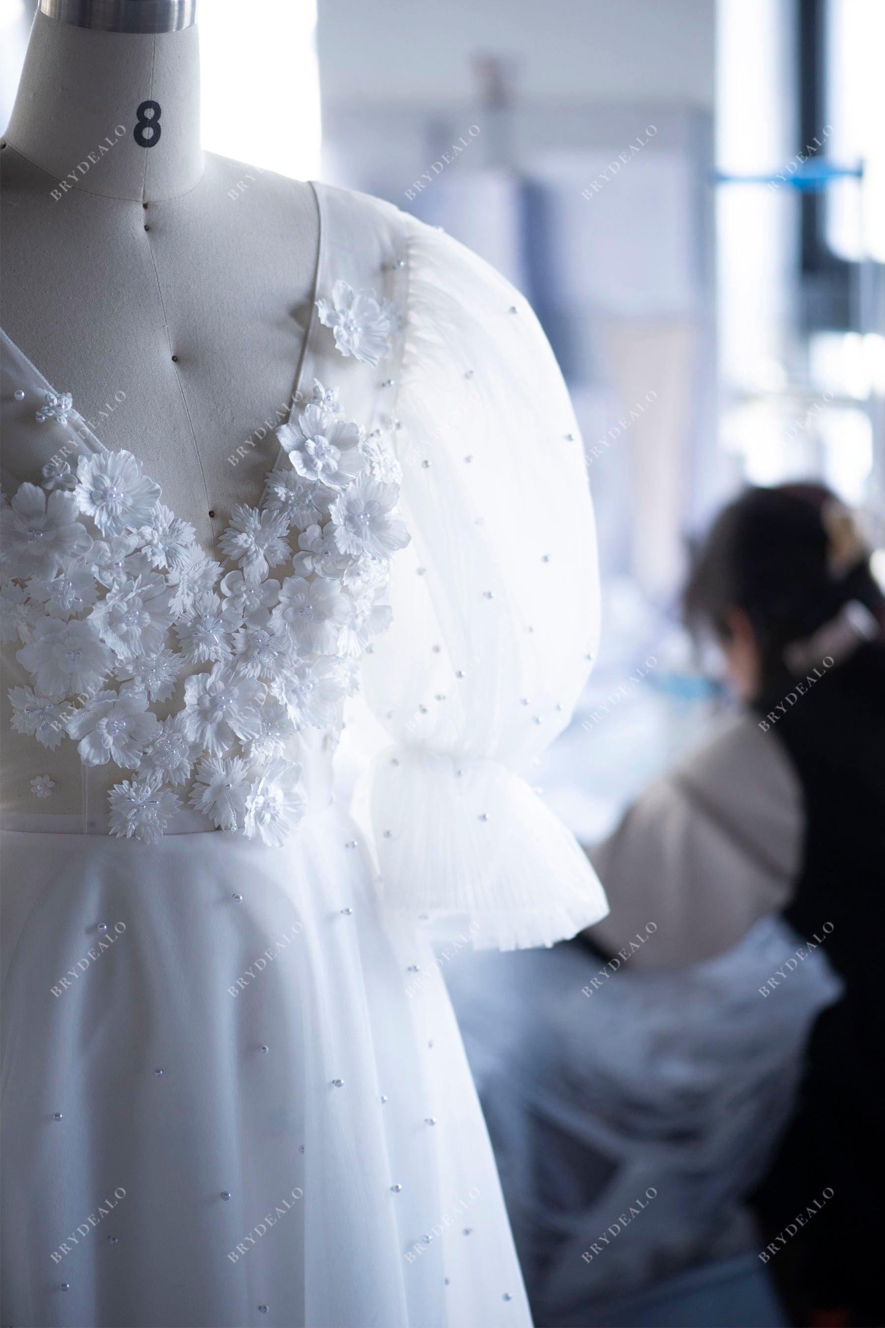 Bubble Sleeve Flower Pearl Tulle A-line Wedding Dress