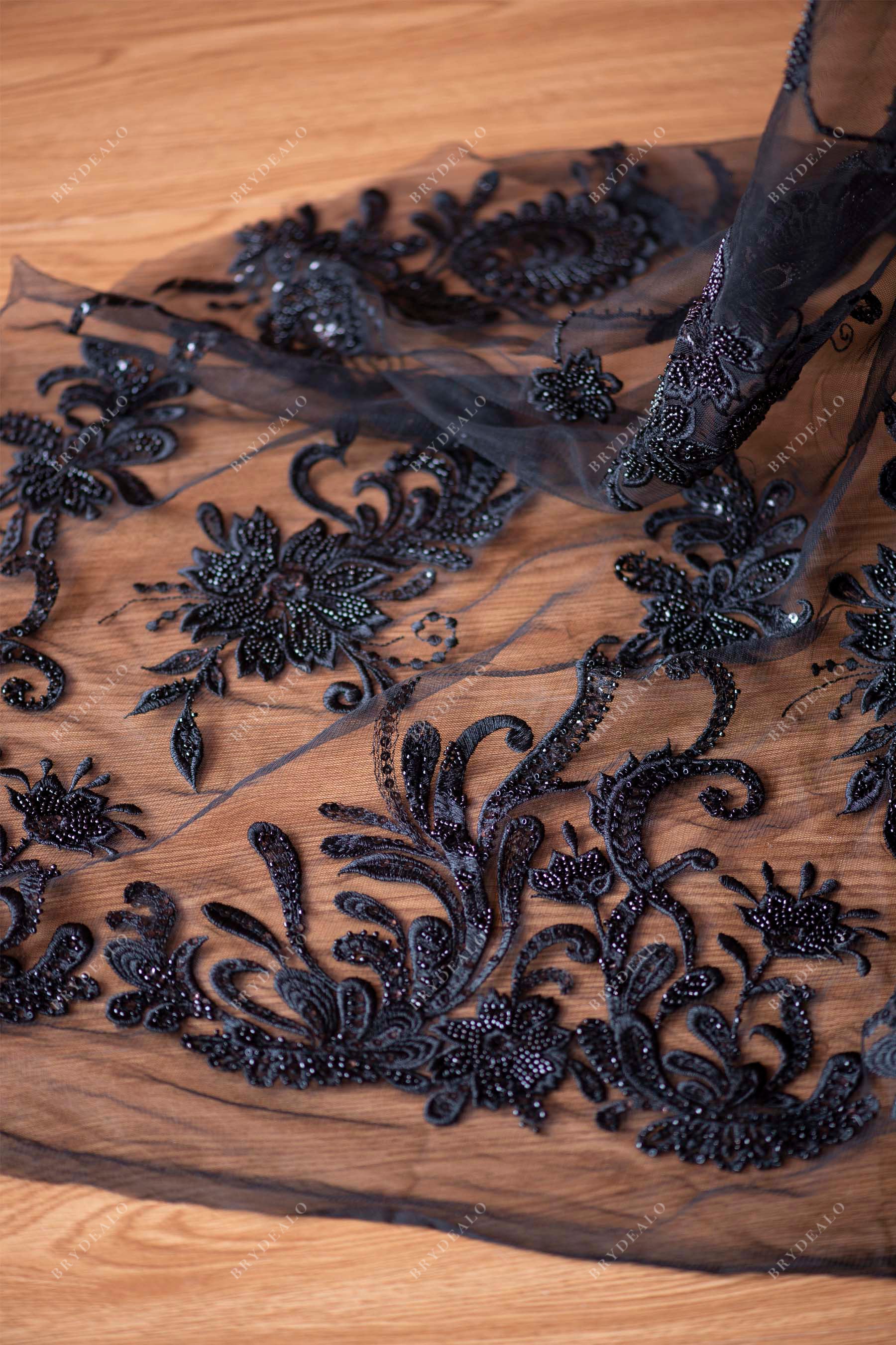 wholesale black beaded embroidery botanic lace fabric