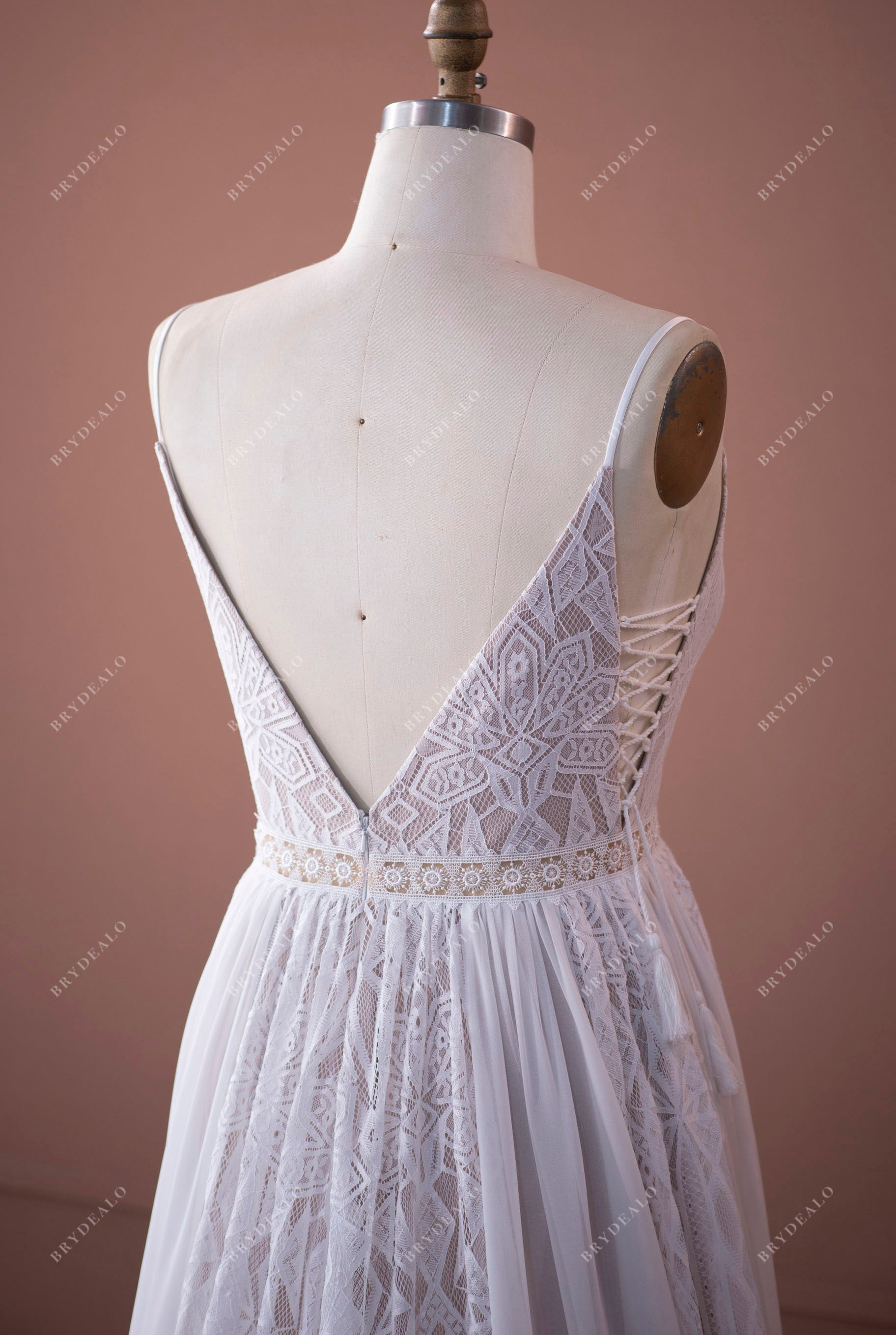 Plus Size Soft Lace Chiffon Boho V-neck Beige A-line Wedding Dress