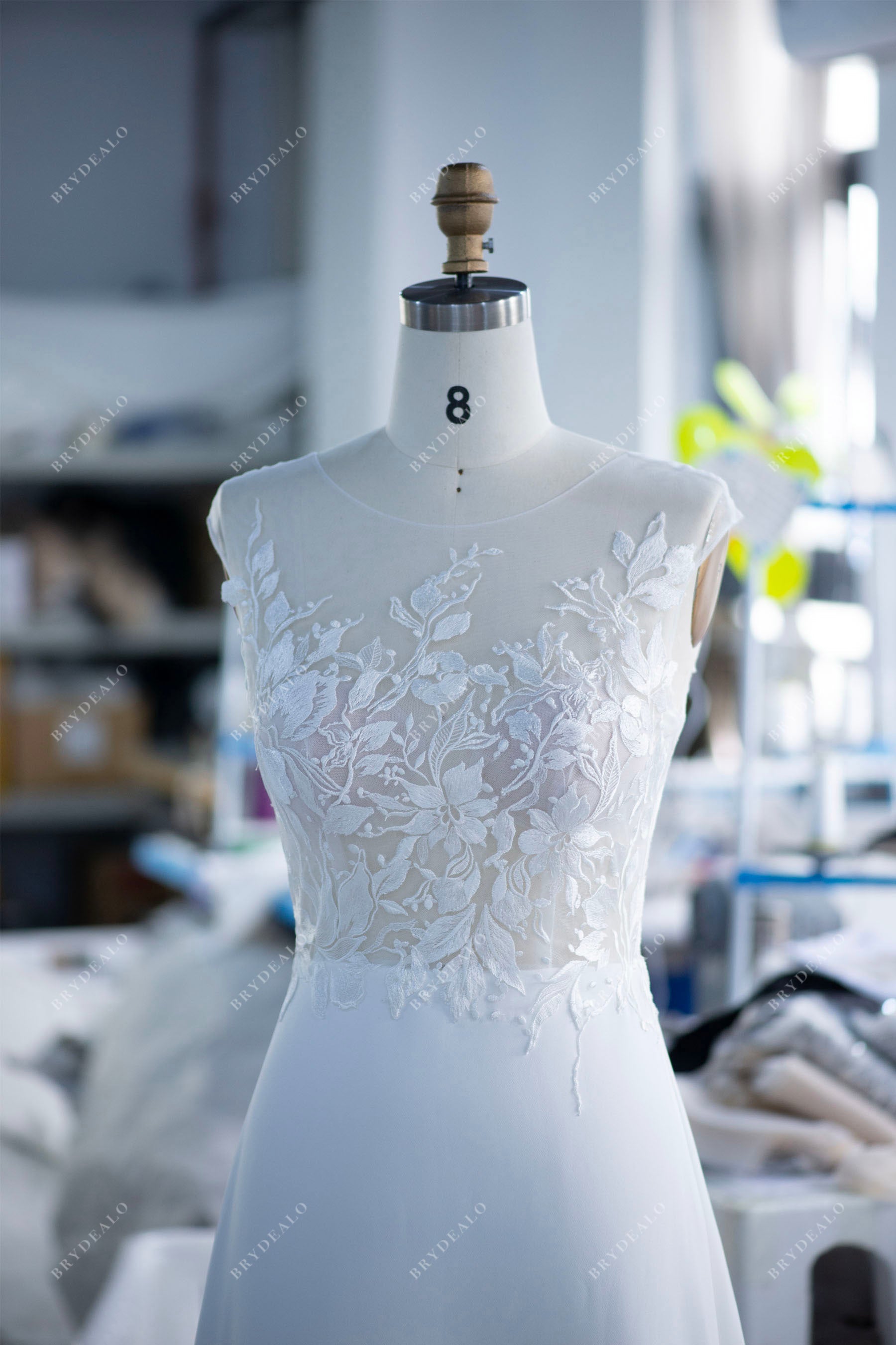 wholesale cap sleeve lace crepe bridal gown sample
