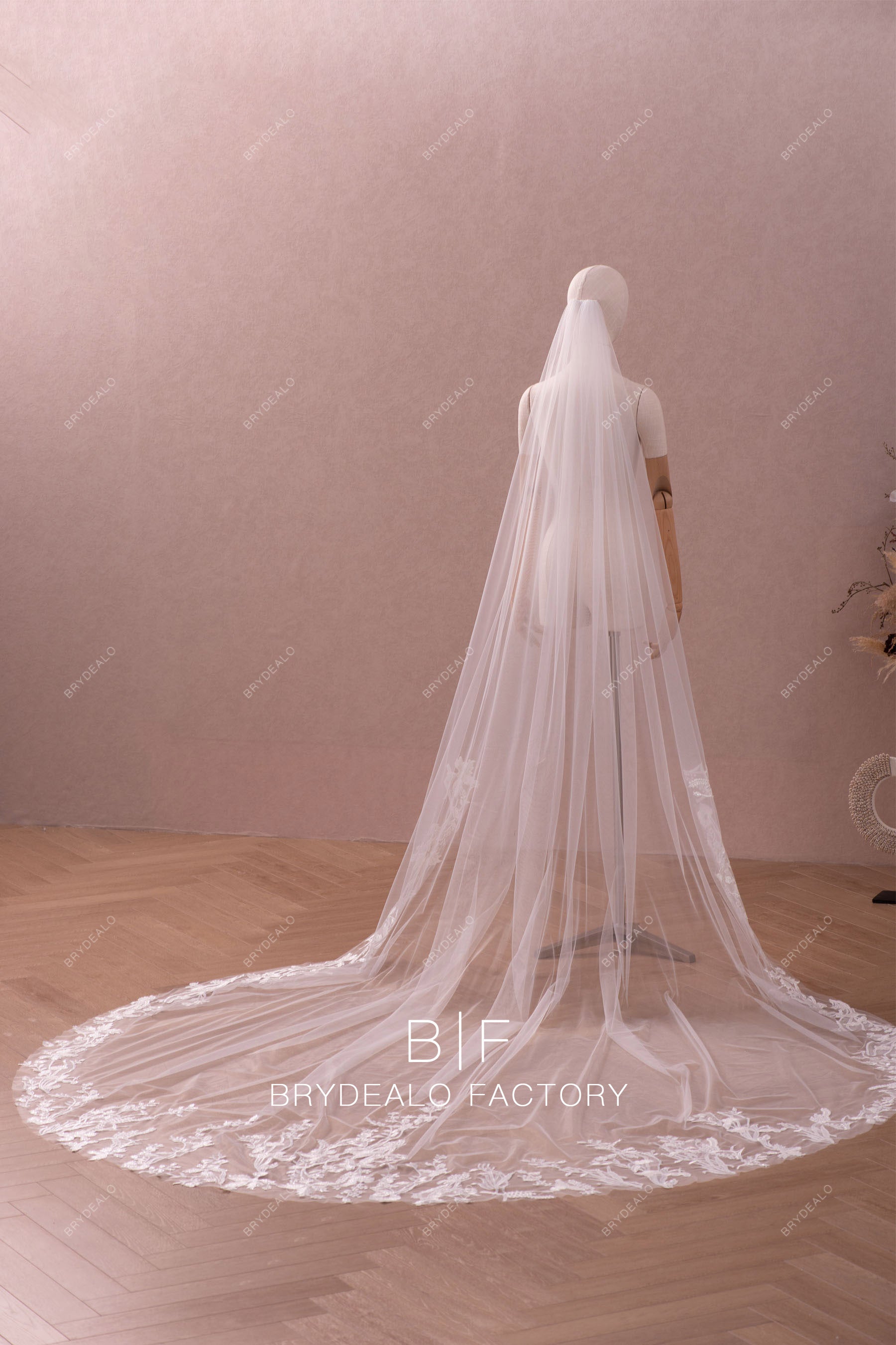 Lace Adorned Raw Cut Tulle Royal Train Wholesale Wedding Veil