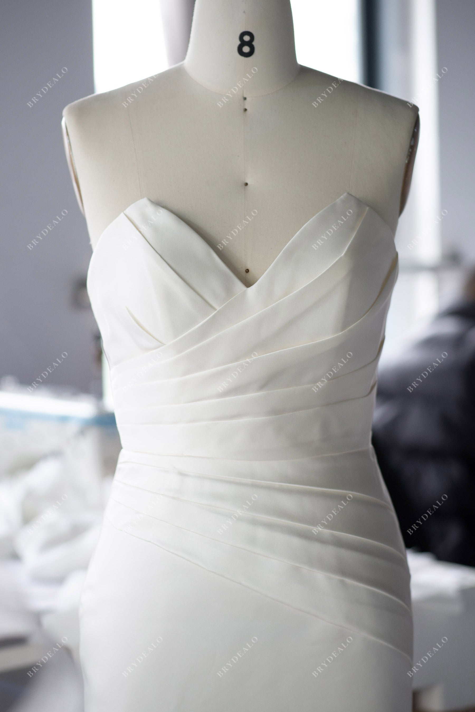pleated satin V-neck strapless wedding gown
