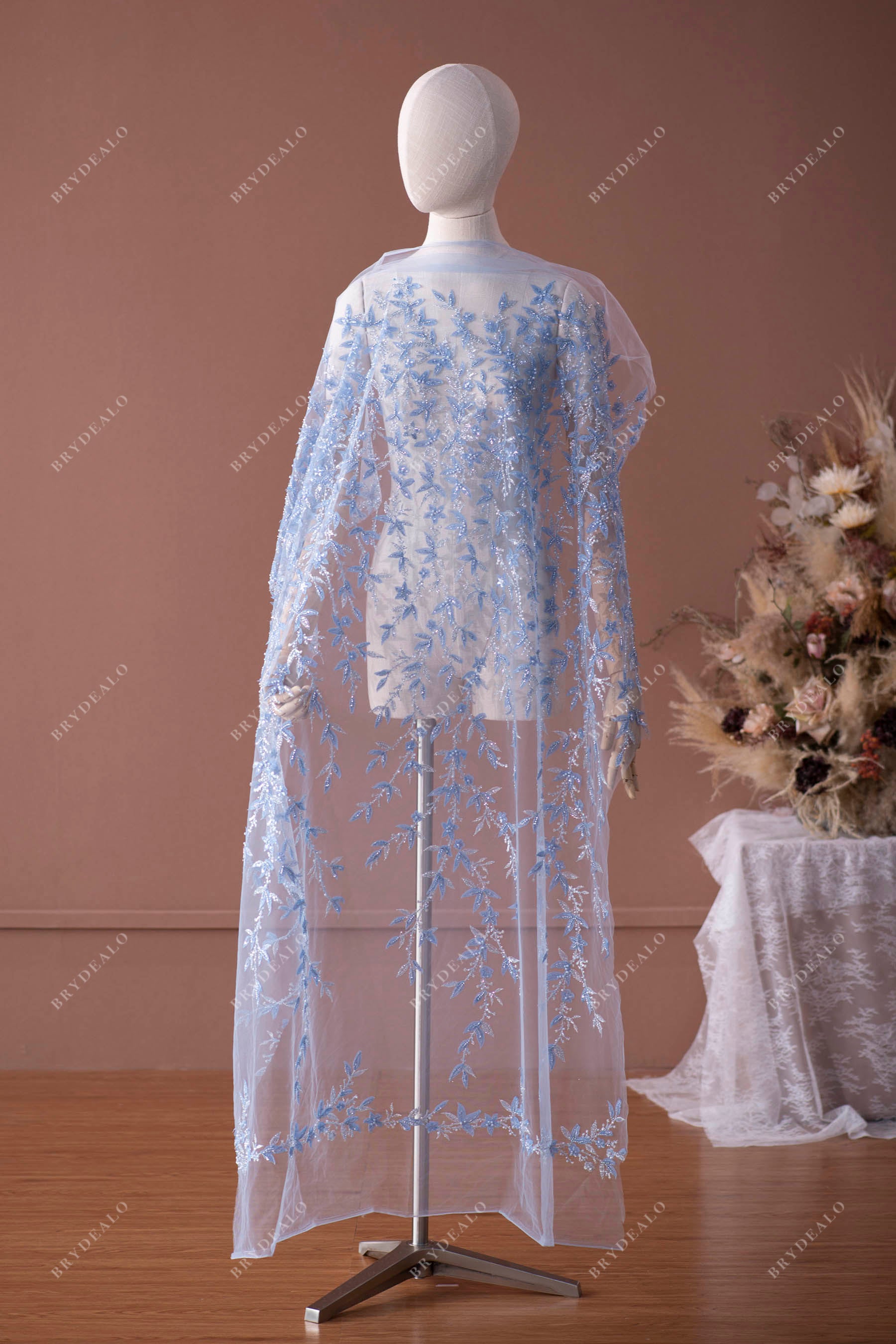 Wholesale Blue Beaded 3D Leaf Lace Fabric