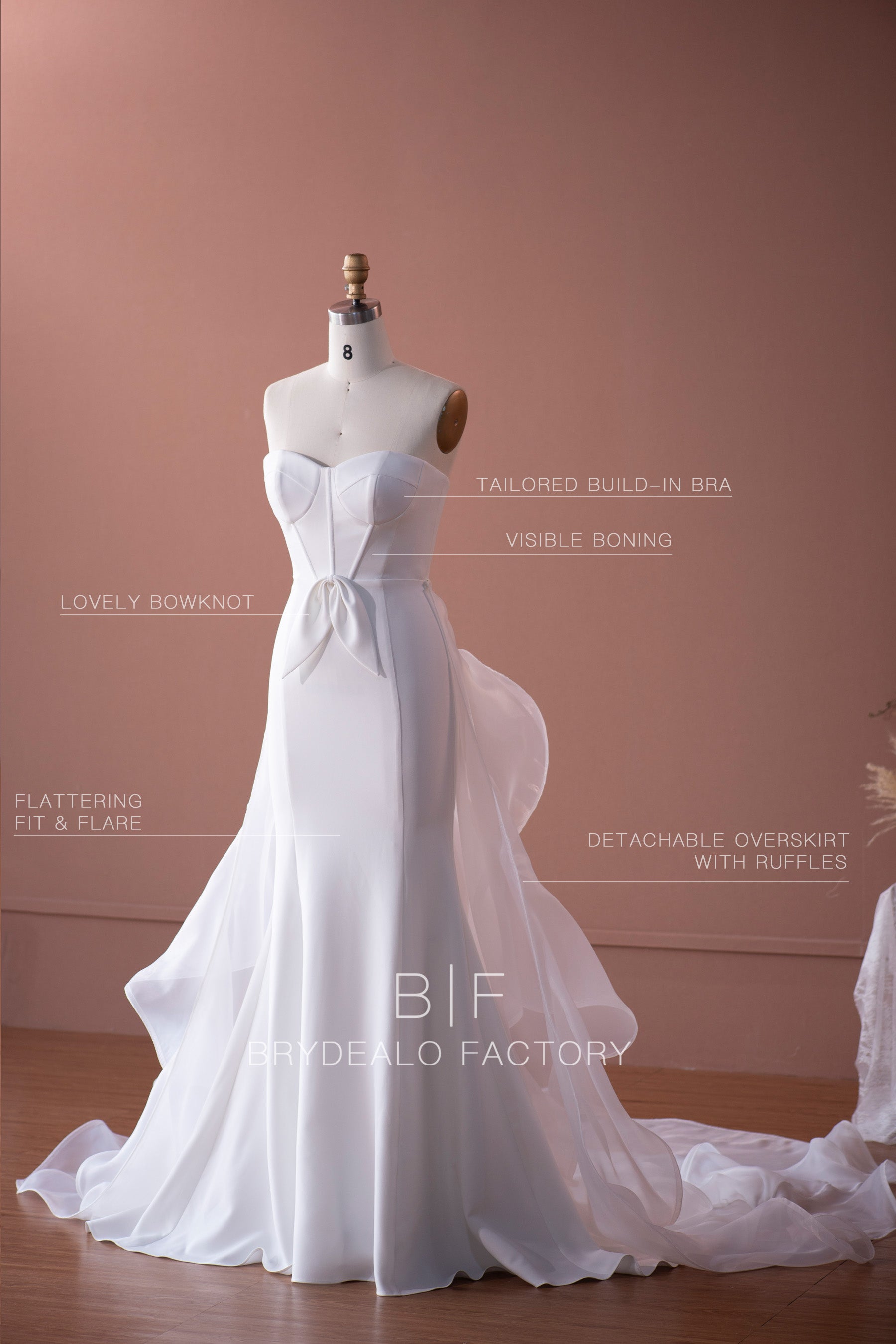 wholesale elegant crepe mermaid wedding dress with detachable organza overskirt
