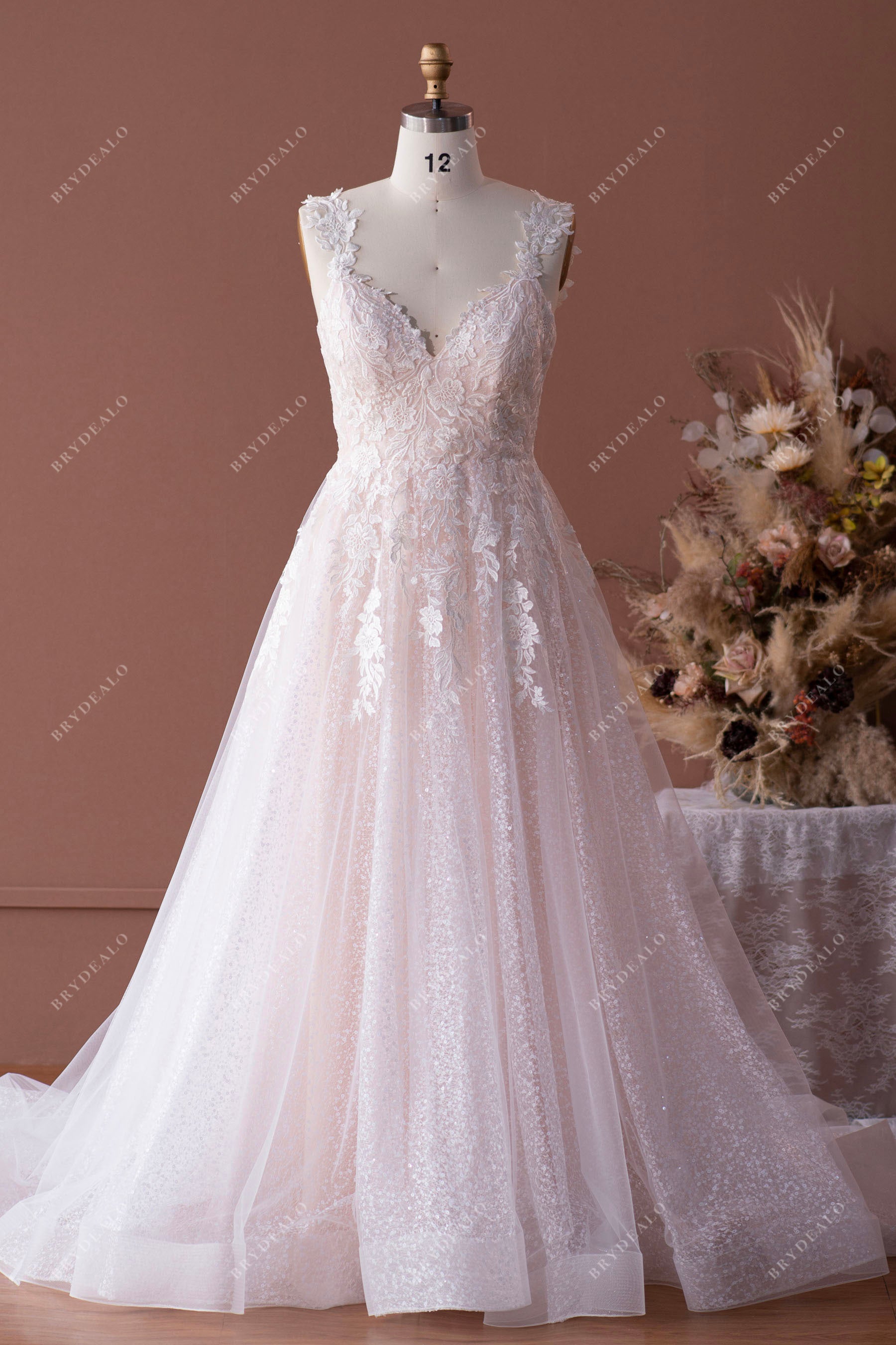 wholesale flower lace straps ruffled A-line wedding dress
