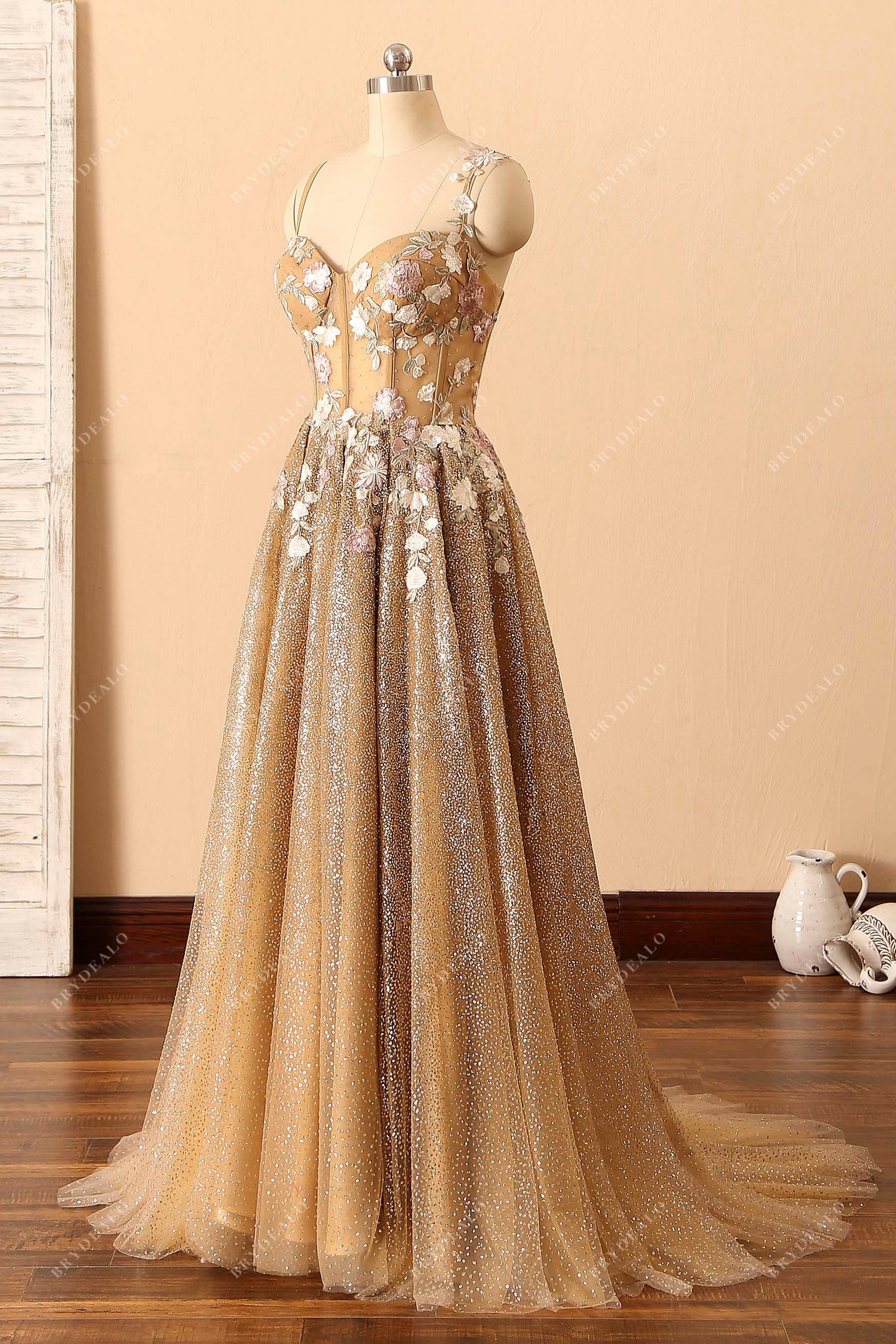 Flowers Gold Glitter Corset Straps Formal Dress