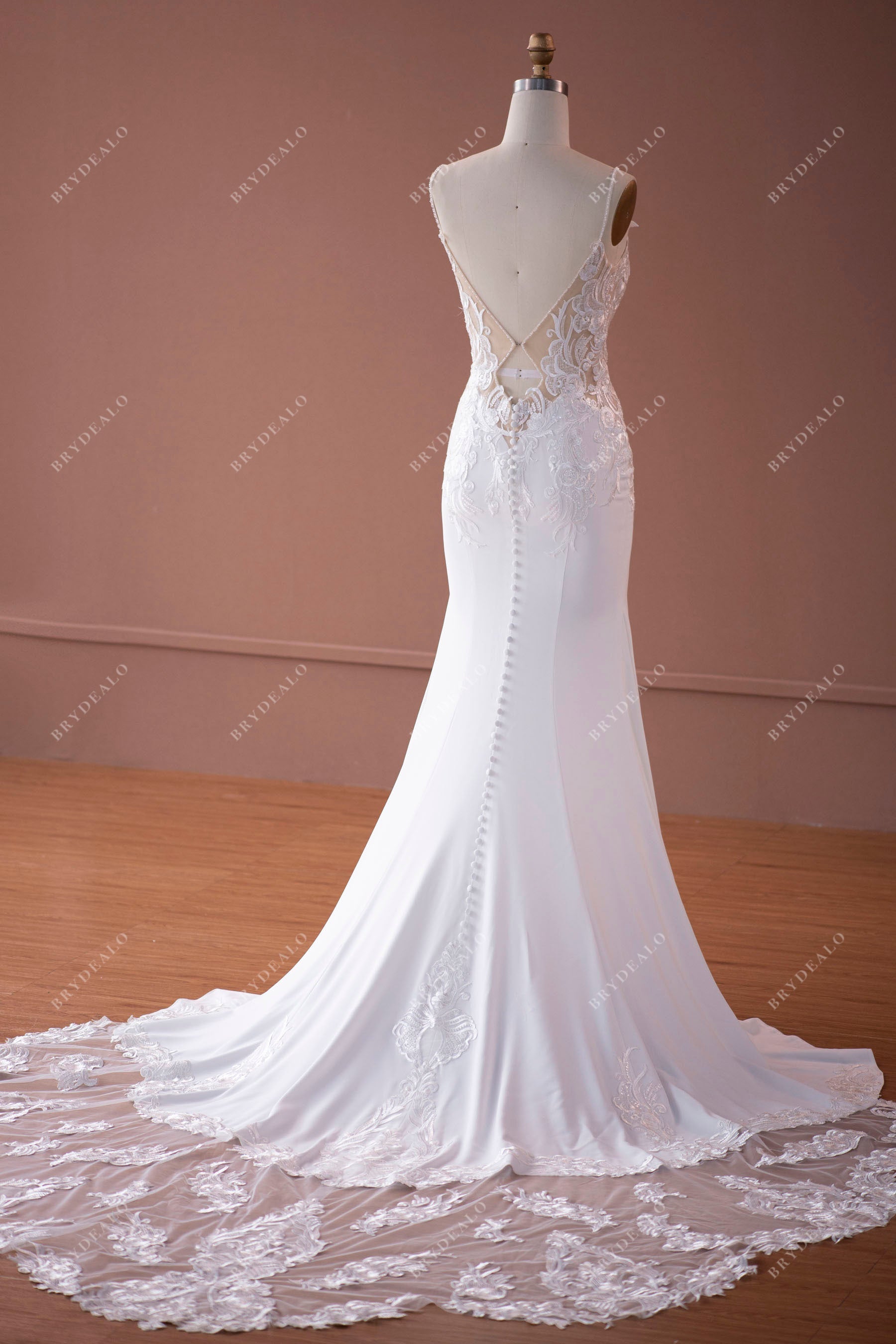 wholesale keyhole back lace crepe long mermaid wedding dress