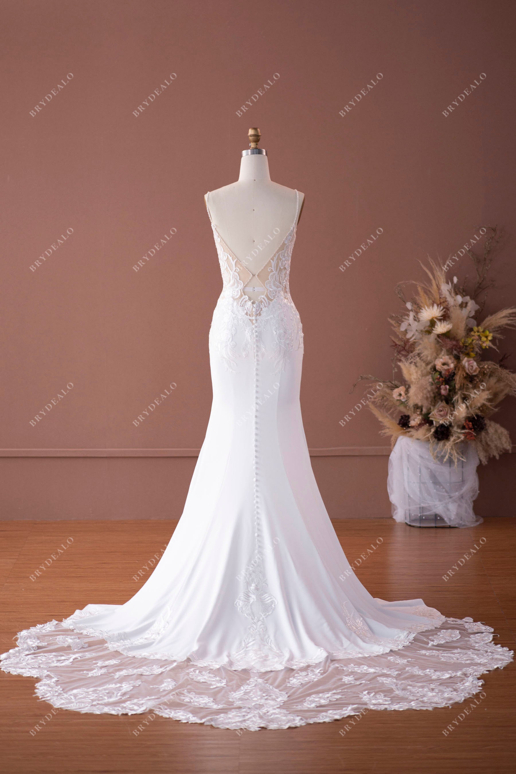 Flattering Lace Crepe Long Mermaid Bridal Gown