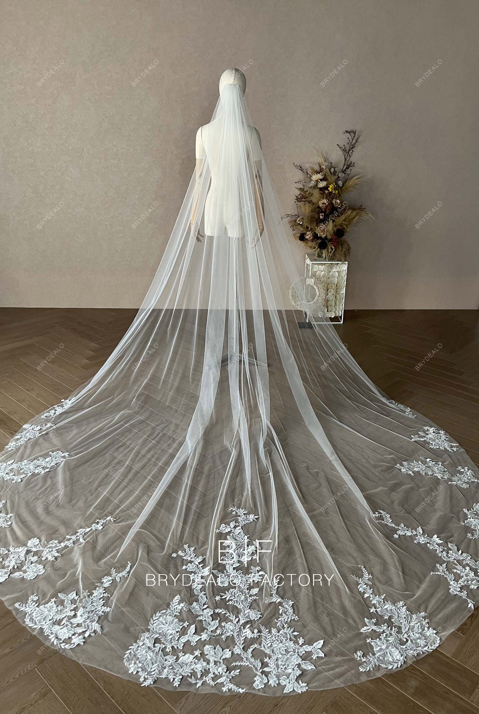 Wholesale Lace Tulle Royal Cathedral Length Bridal Veil_ Brydealo
