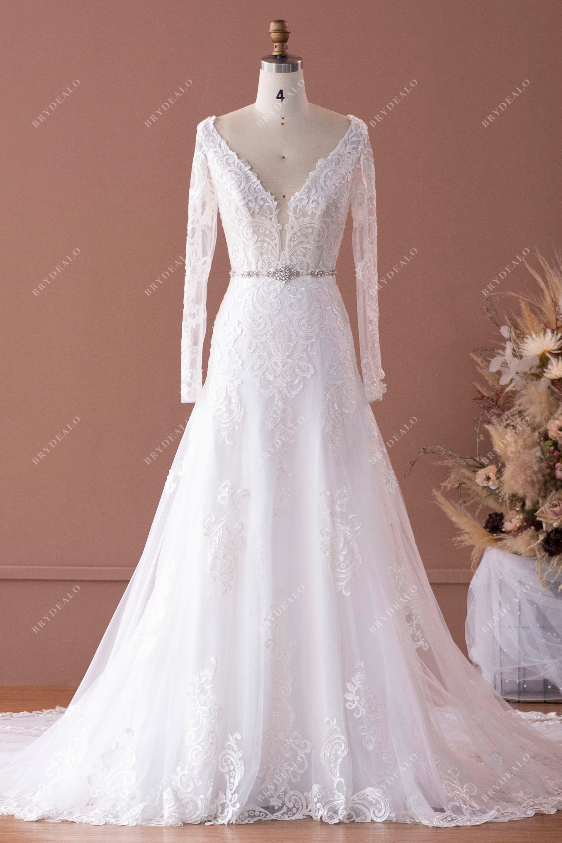wholesale long sleeve plunging lace fit flare wedding dress