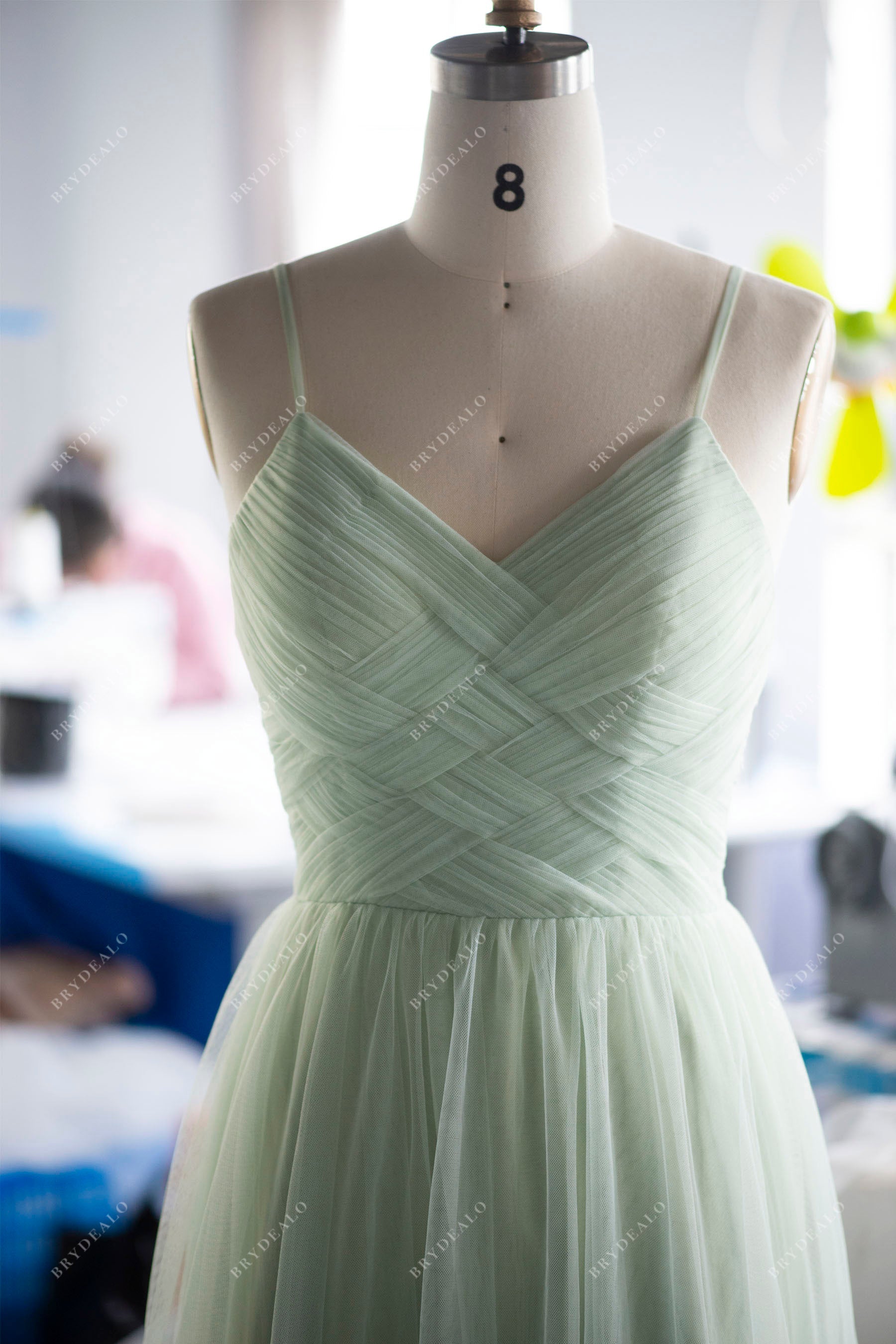 Wholesale Mint Green Lace Tulle Thin Strap Weave Bridesmaid Dress