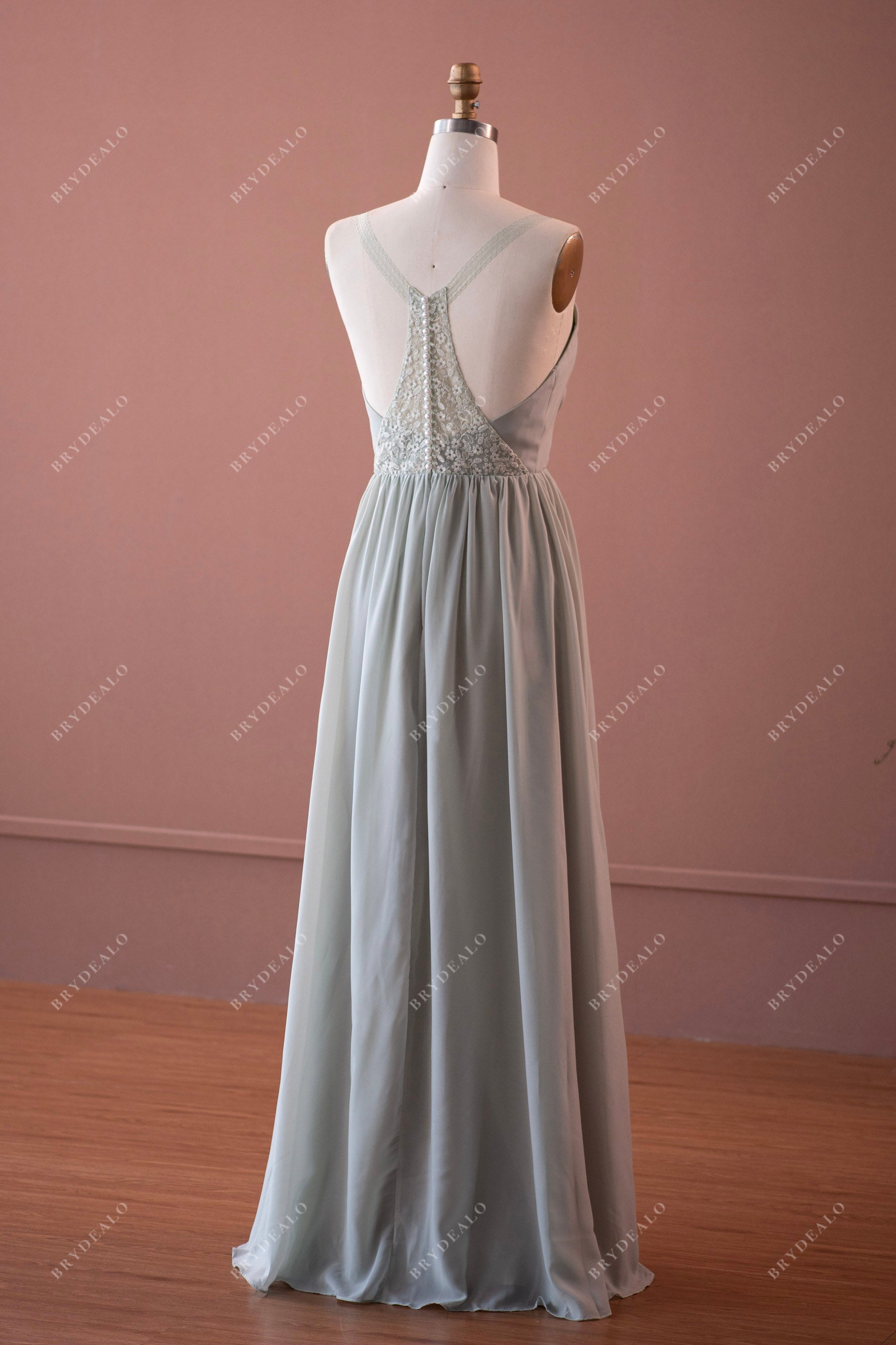 Wholesale Sage Green Lace Pearls Chiffon Bridesmaid Dress