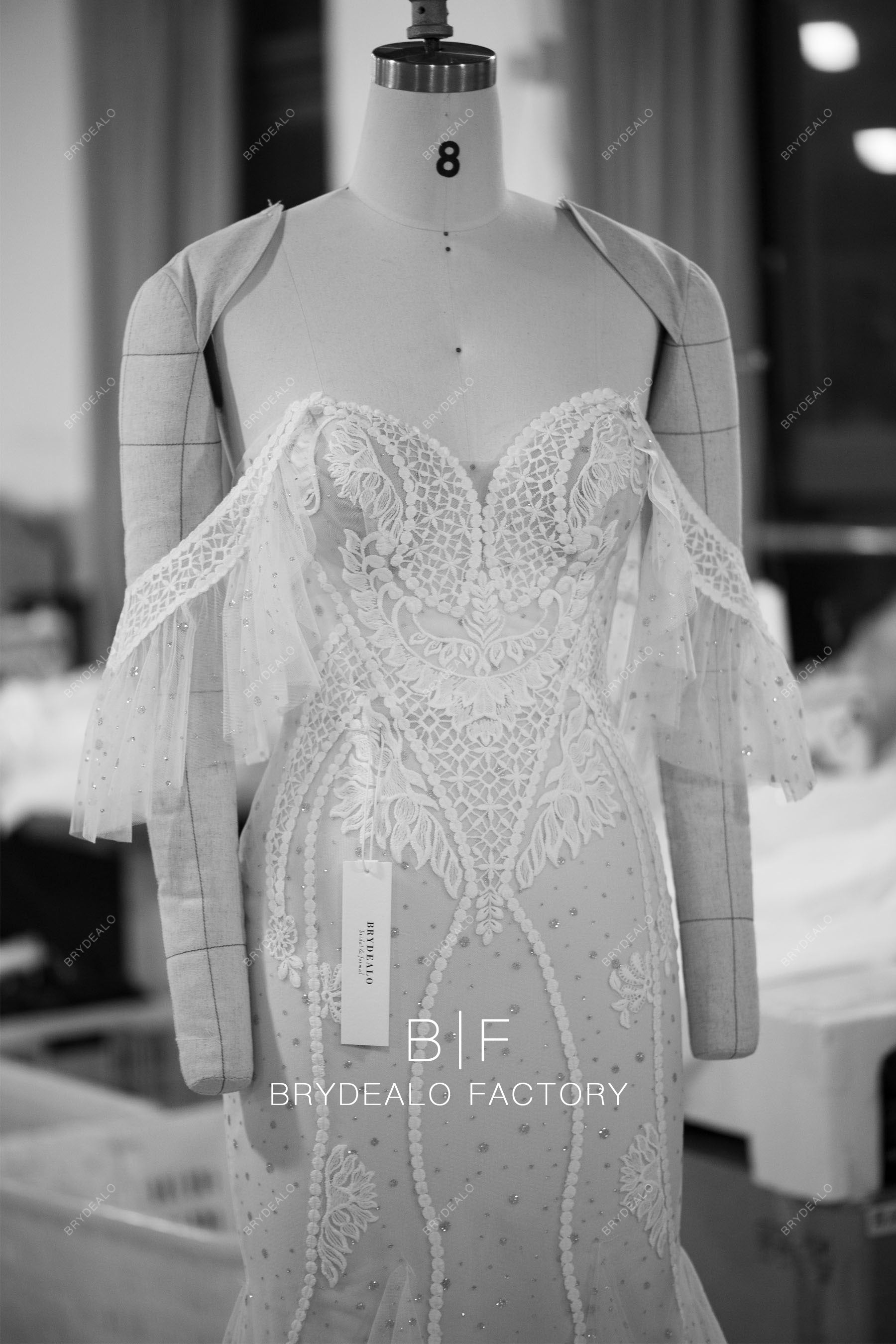 wholesale ruffled off shoulder lace wedding dress
