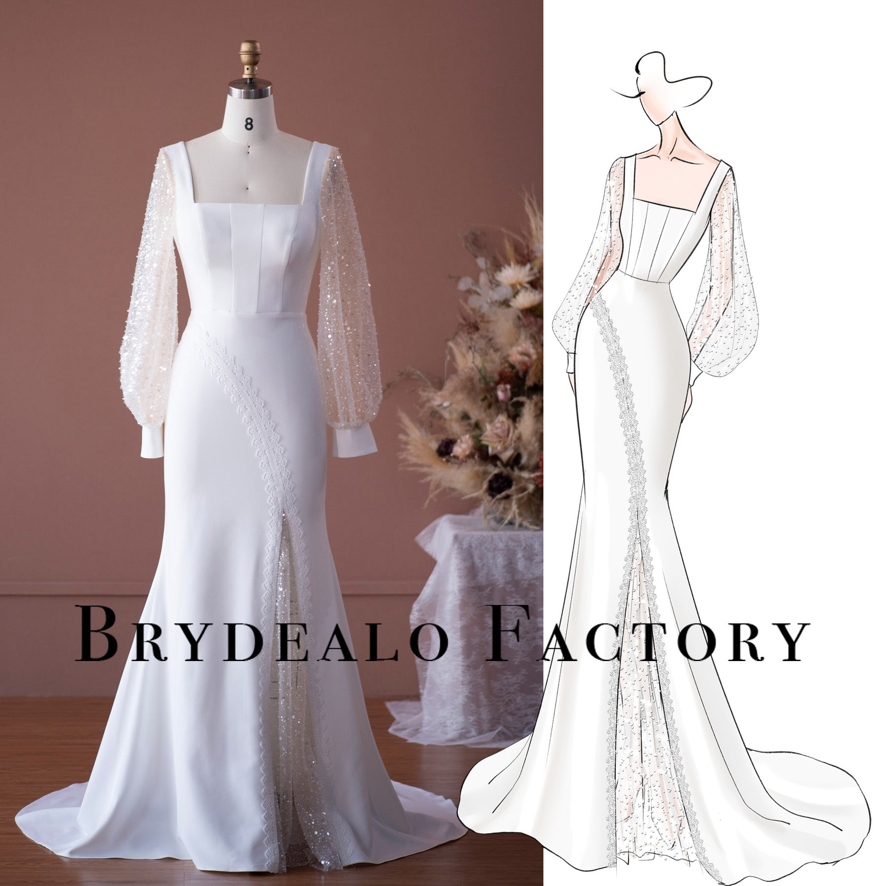 Wholesale Elegant Beaded Sleeve Mermaid Crepe Wedding Dress