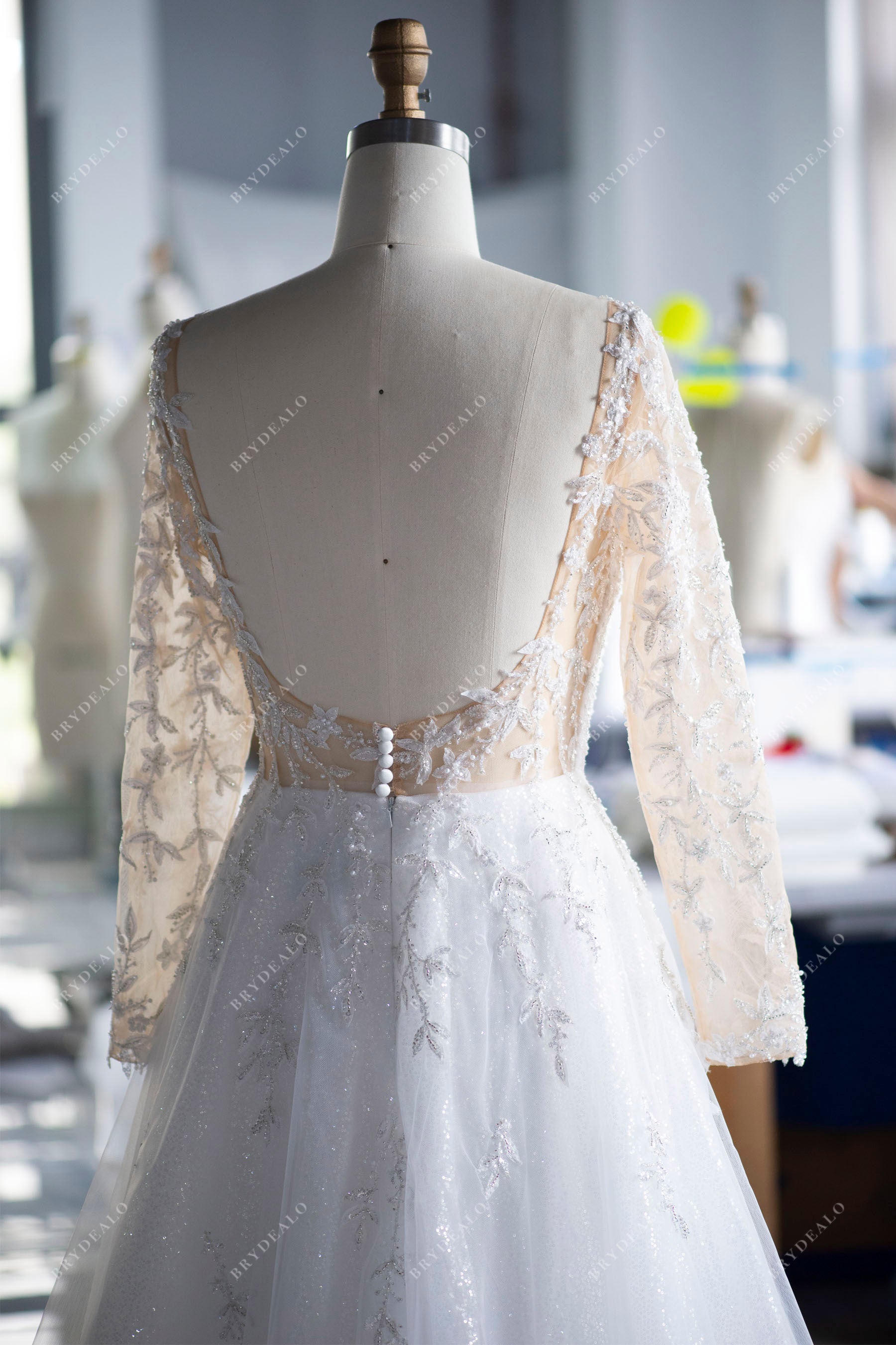open back wholesale leaf lace tulle sleeved A-line wedding dress sample