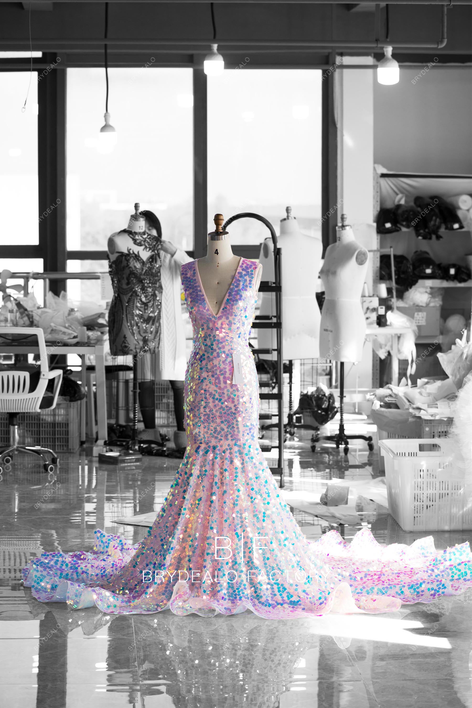 wholesale sparkly ruffled long mermaid prom dress