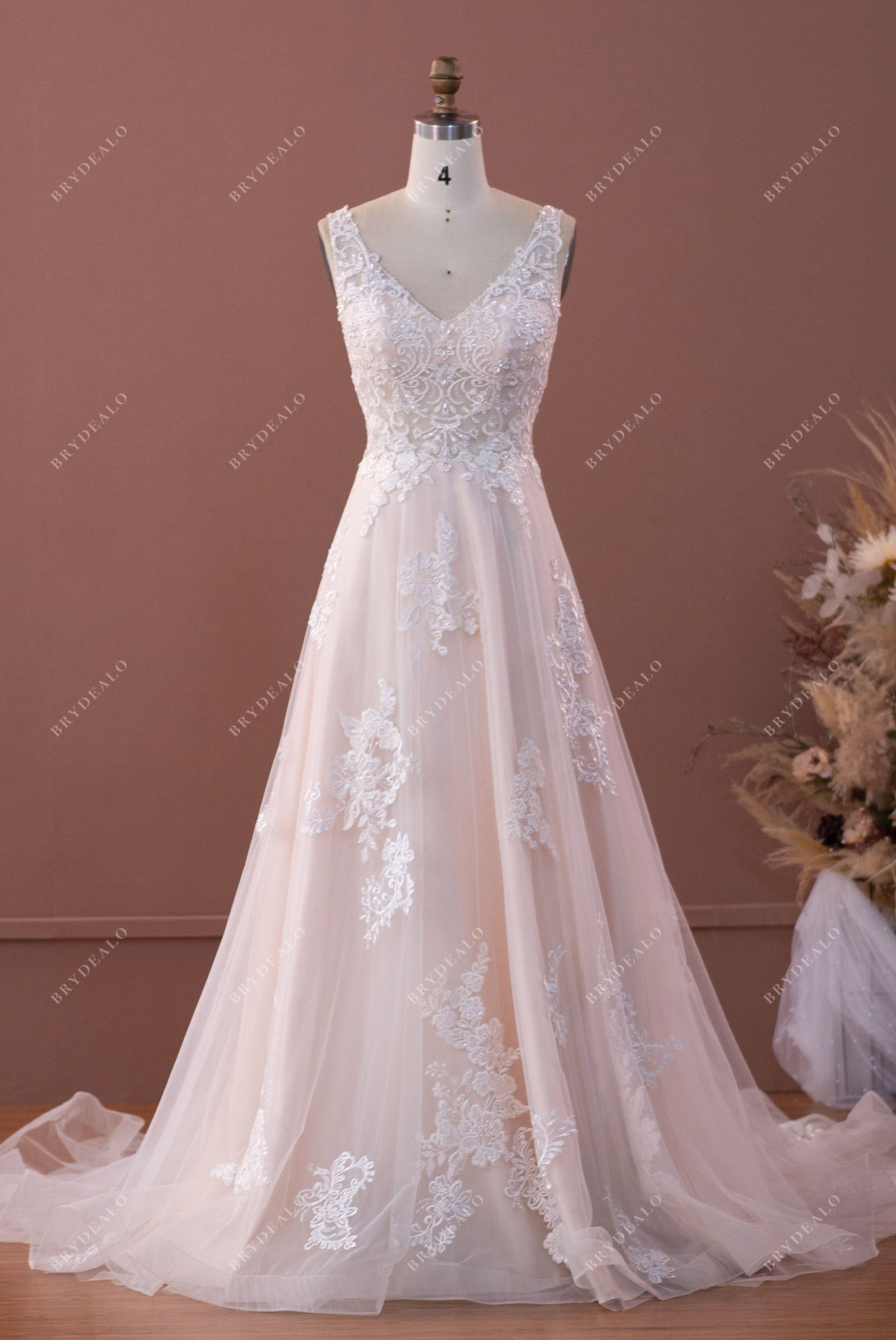 Beaded Lace V-neck Lace A-line Wedding Dress Sample