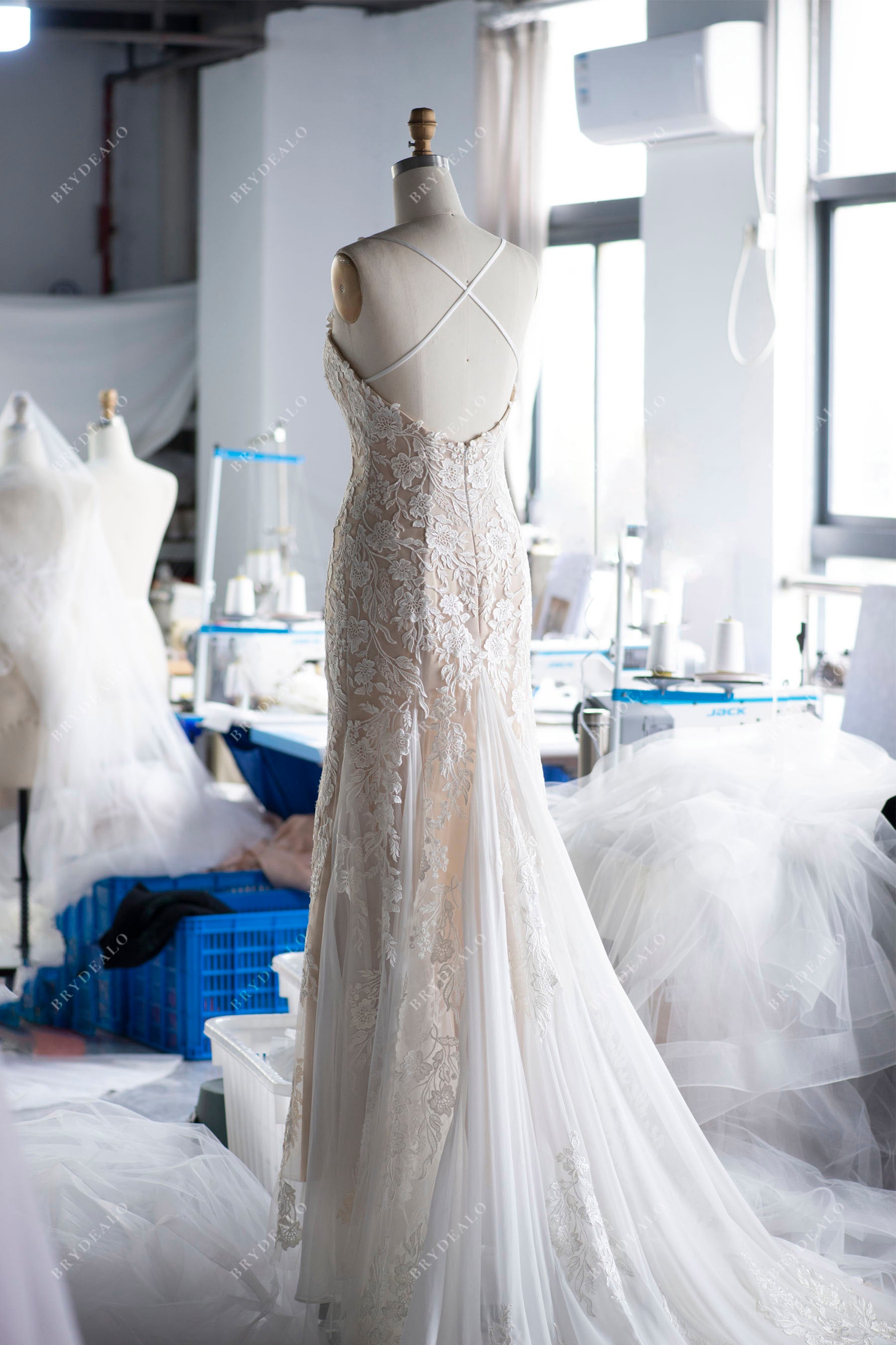 Spaghetti Strap Lace Long Fishtail Godet Wedding Dress Online