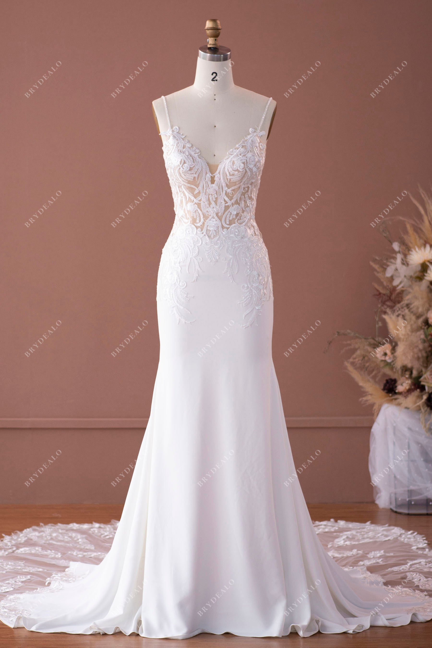 Flattering Lace Crepe Long Mermaid Bridal Gown