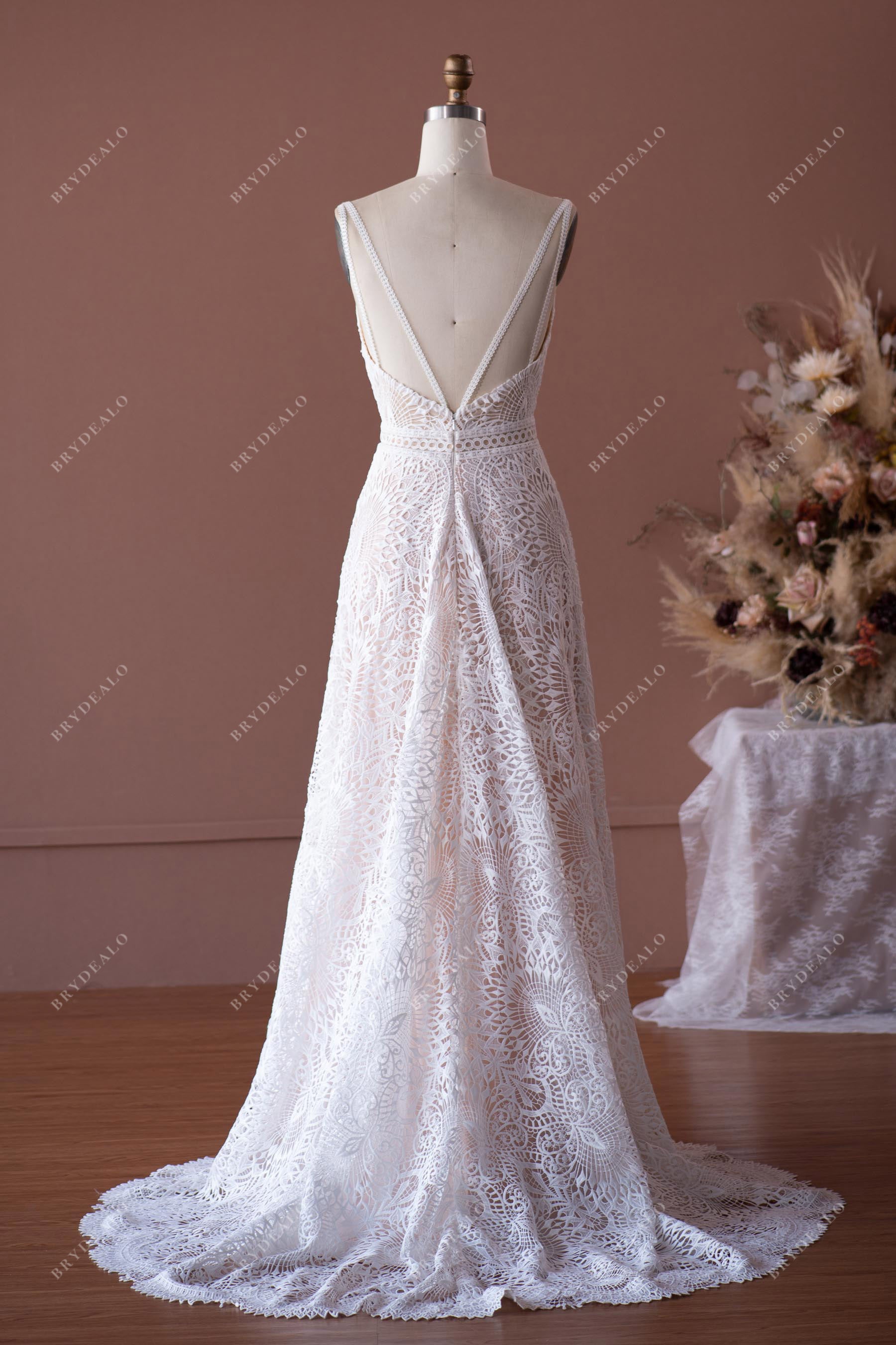 Plunging Lace Straps Open Back Wedding Dress