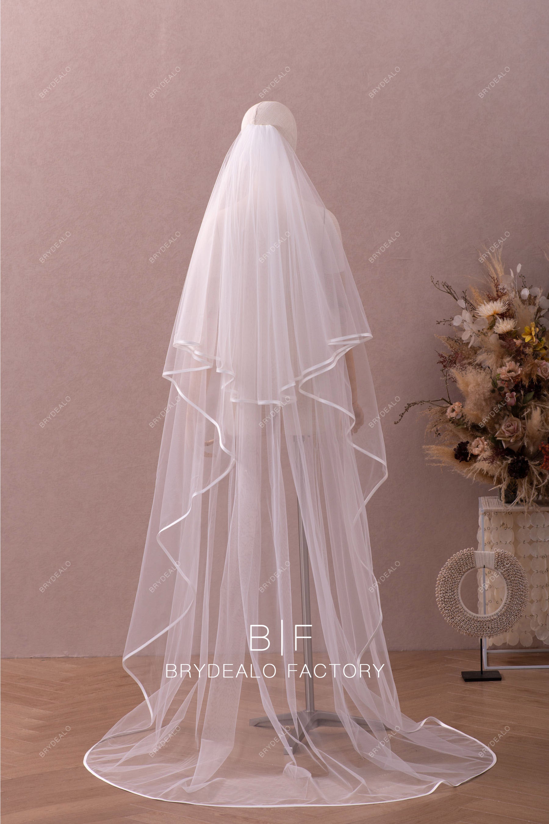wholesale two tier ribbon tulle blusher veil