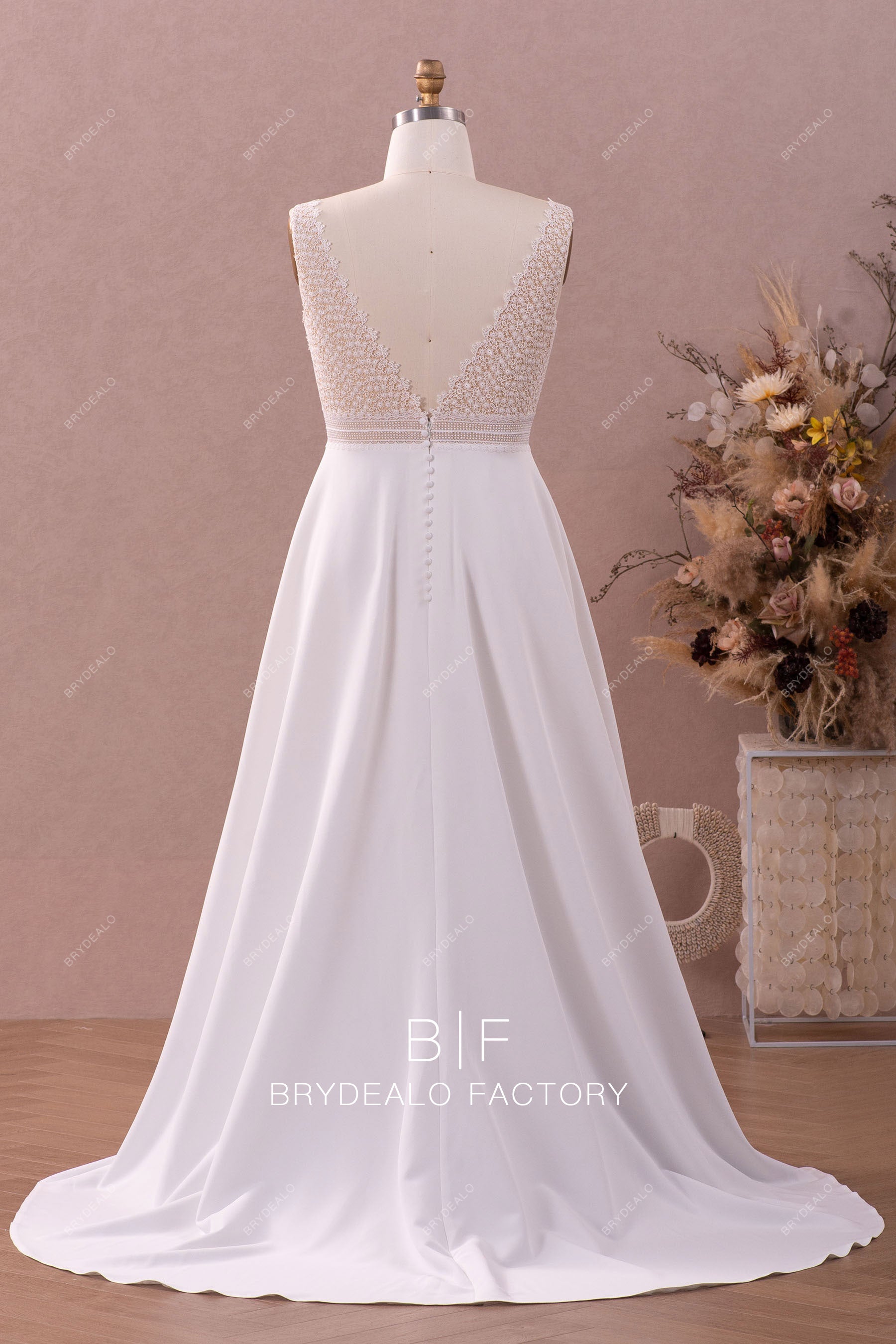 Beaded Strap Plunging Shimmery Lace A-line Wedding Dress