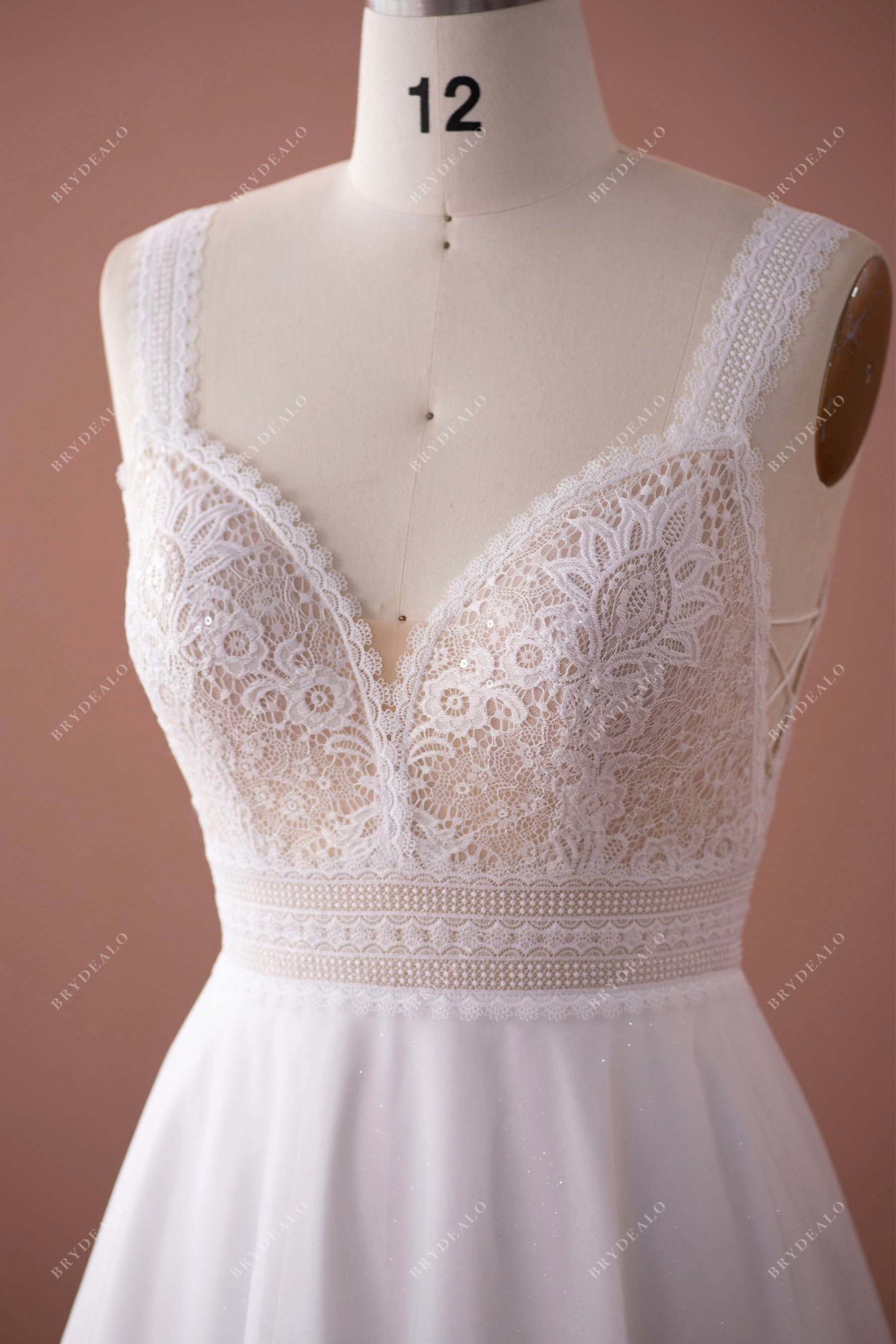 wide straps plunging lace wedding dress