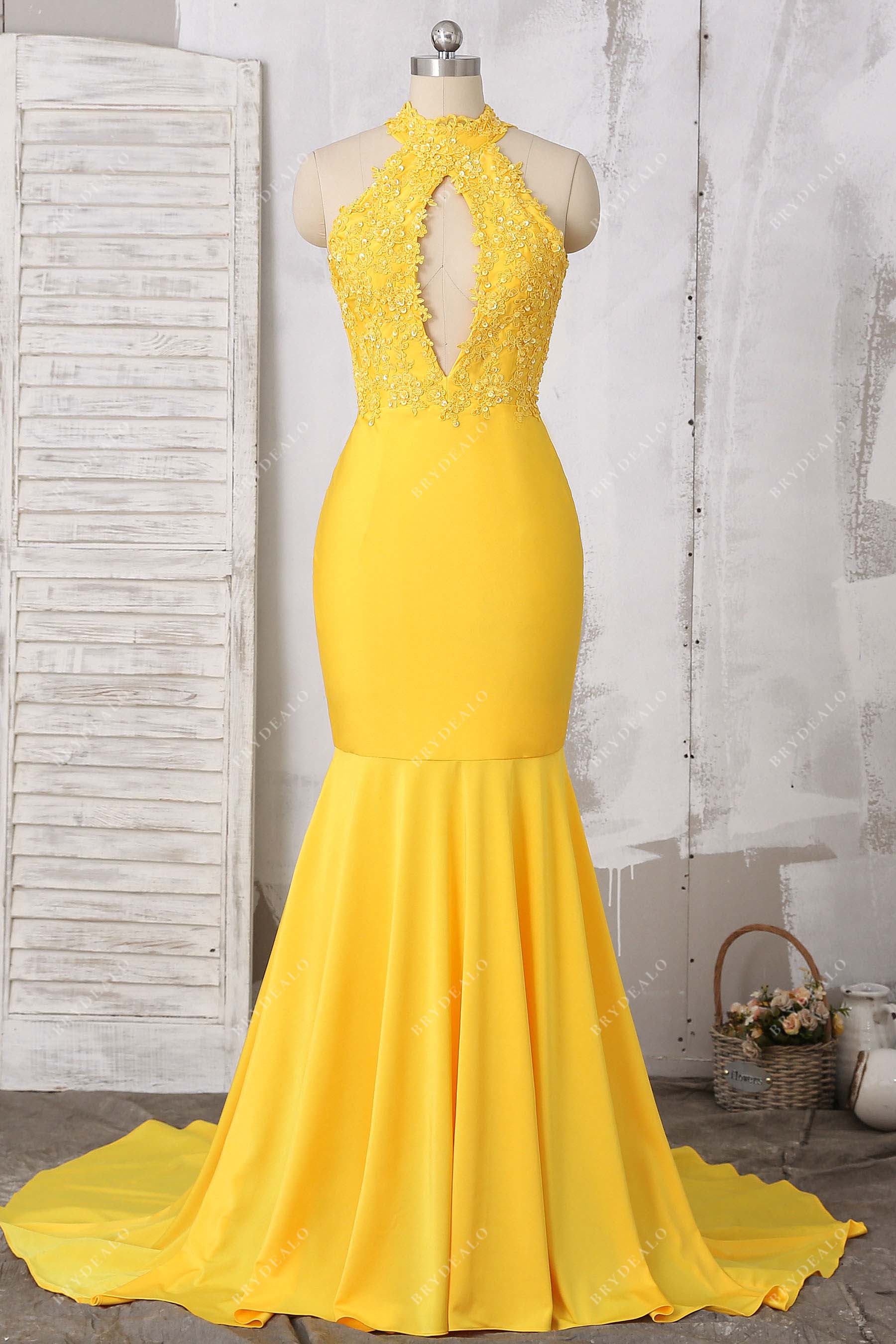 yellow lace keyhole halter jersey mermaid prom gown
